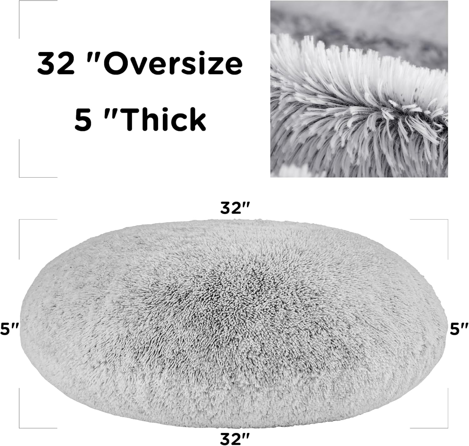 Codi Faux Fur Floor Pillows, Fluffy Large Round Cushions Sitting for Adults, Decorative Fuzzy Pillow for Fireplace, Living Room, Christmas, 32 Inch, Light Grey