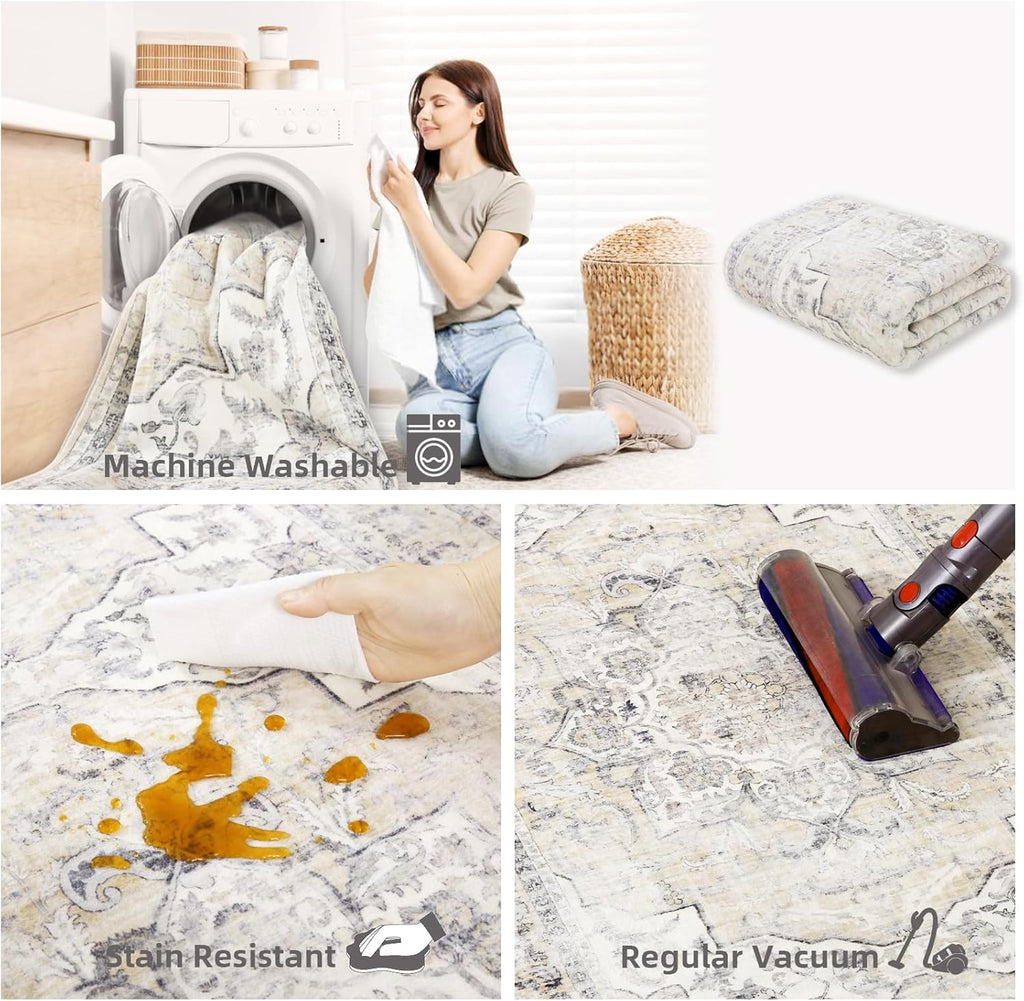 8x10 Area Rugs Washable Rug: Large Living Room Rug Stain Resistant Distressed Vintage Boho Carpet Non Slip Low Pile Faux Wool Soft Rugs for Bedroom Bedside Indoor Farmhouse Kids Playroom Dining Room