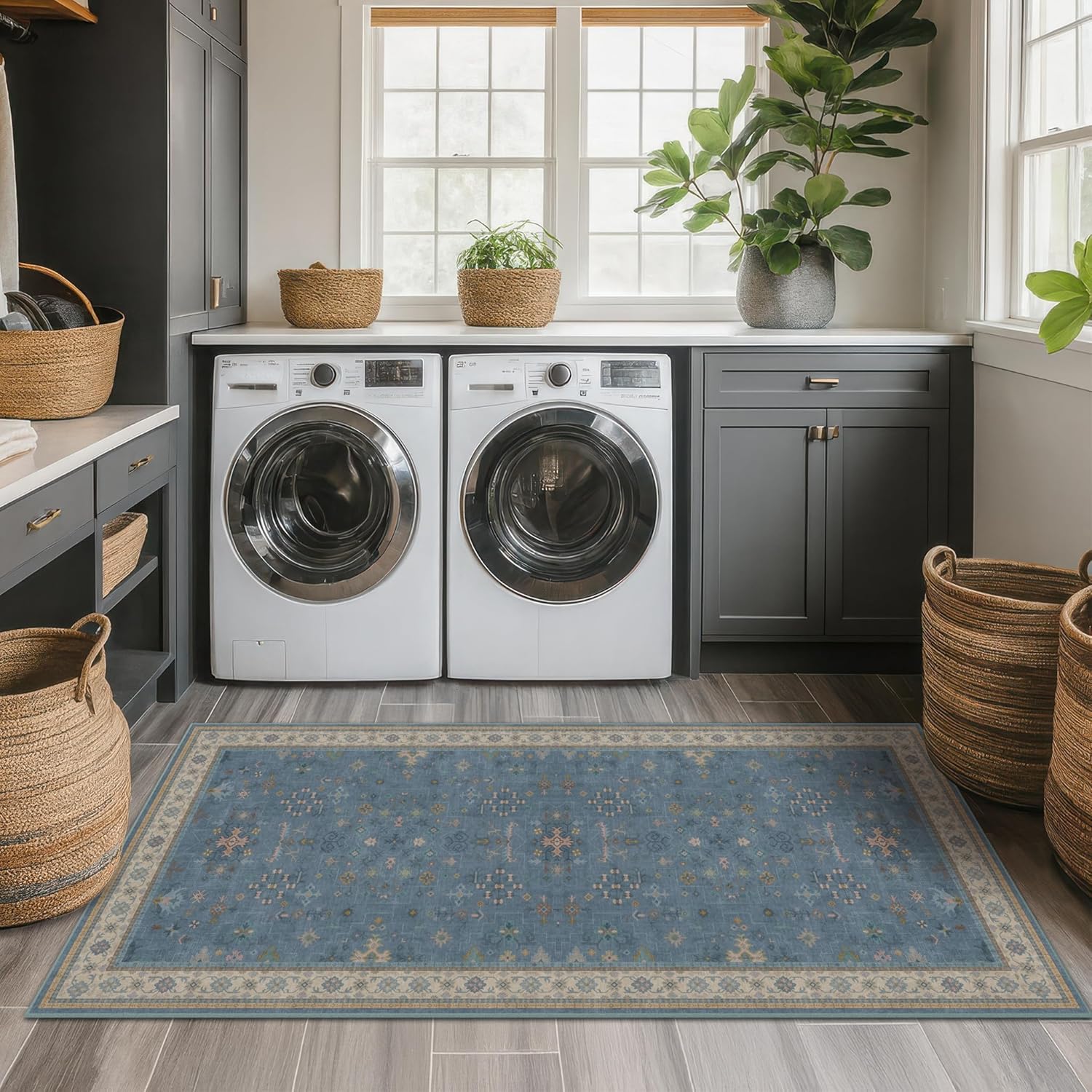 Black Farmhouse Washable 8x10 Area Rugs for Living Room, Bedroom, Dining Room Kitchen Table Rug for Under Table, Office, Dark Charcoal Tumble Stain Resistant Non-Slip Large Washable (8x10 Black/Multi)