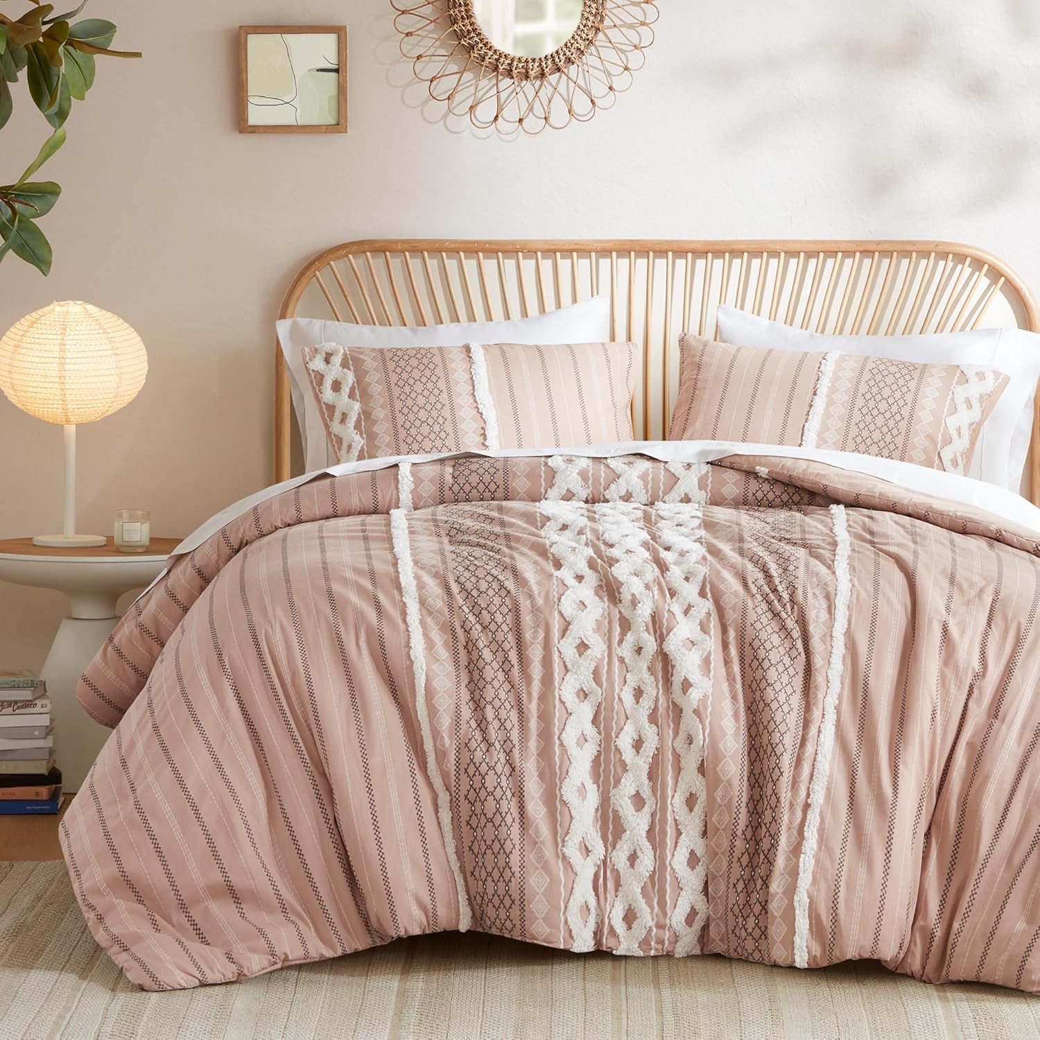 INK+IVY Comforter for King Size Bed, Chenille Tufted, Breathable Cotton Comforter Set King, All Season Modern Boho Comforter with Farmhouse Bedding Flare, 2 Matching Shams, King Ivory 3 Piece