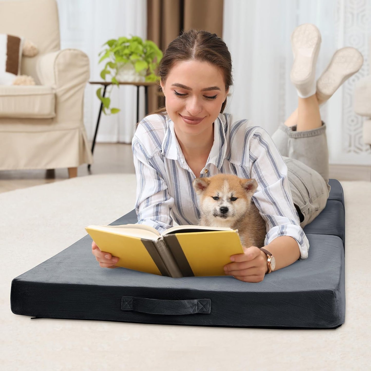 BALAPET Floor Lounger Pillow,Foldable Soft Memory Foam Floor Pillow Portable 3-Piece Folding Pillow with Handle,Suit for Meditation,Playing,Yoga,Reading,Sleeping(Dark Gray)