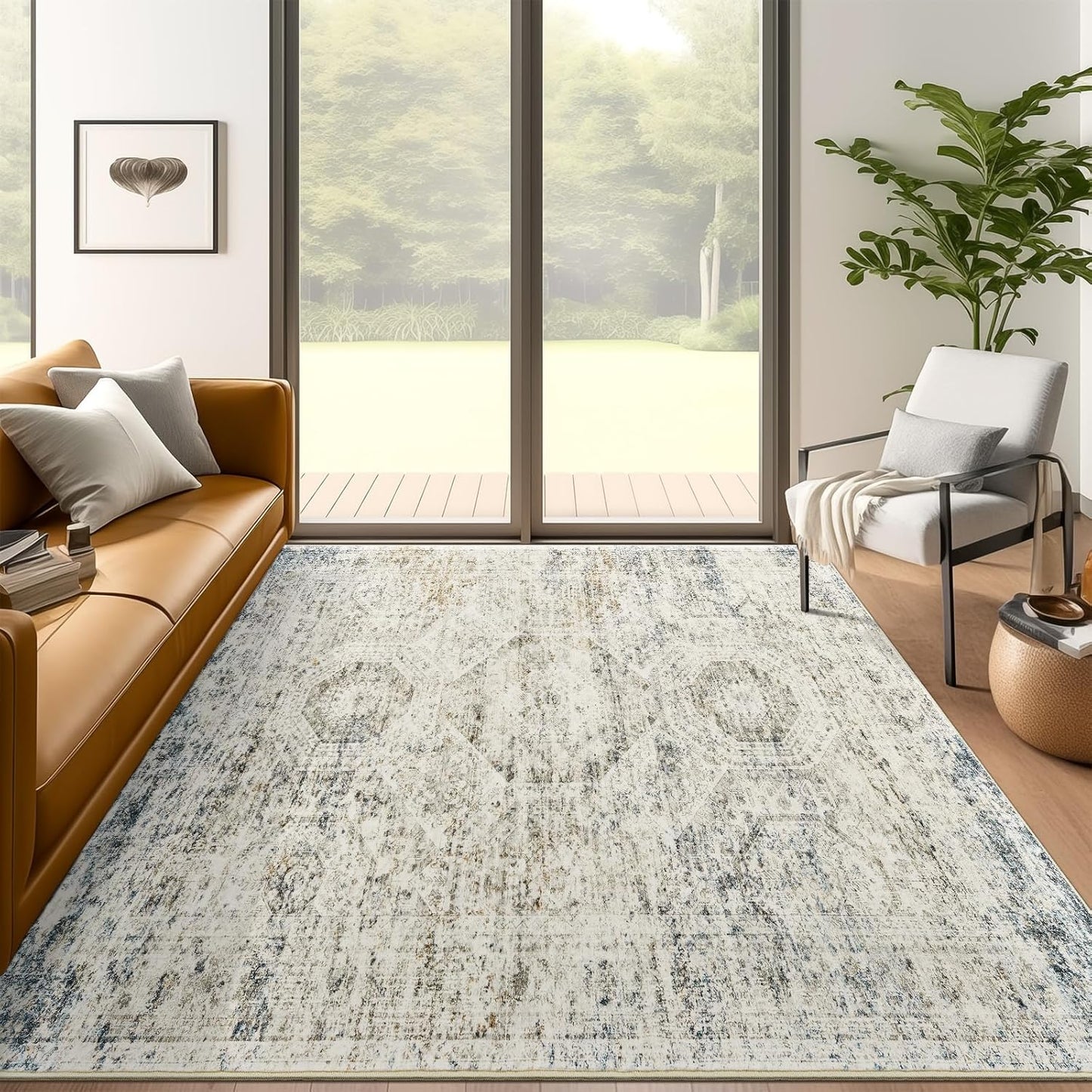 9x12 Area Rugs for Living Room, Non Slip Machine Washable Vintage Rugs, Low Pile Lightweight Large Rug for Bedroom, Dining Room, Home Office Beige