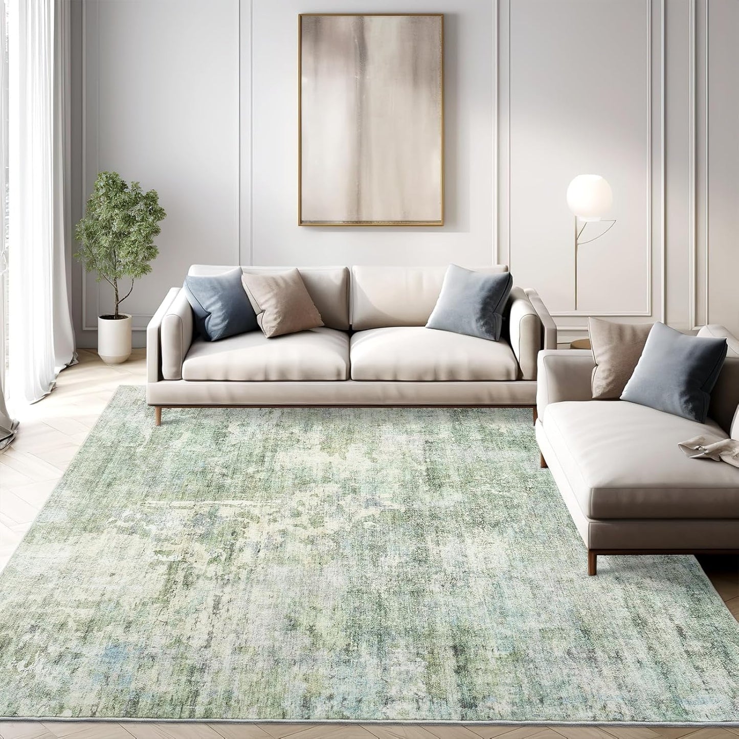 9x12 Area Rugs for Living Room, Non Slip Machine Washable Vintage Rugs, Low Pile Lightweight Large Rug for Bedroom, Dining Room, Home Office Beige