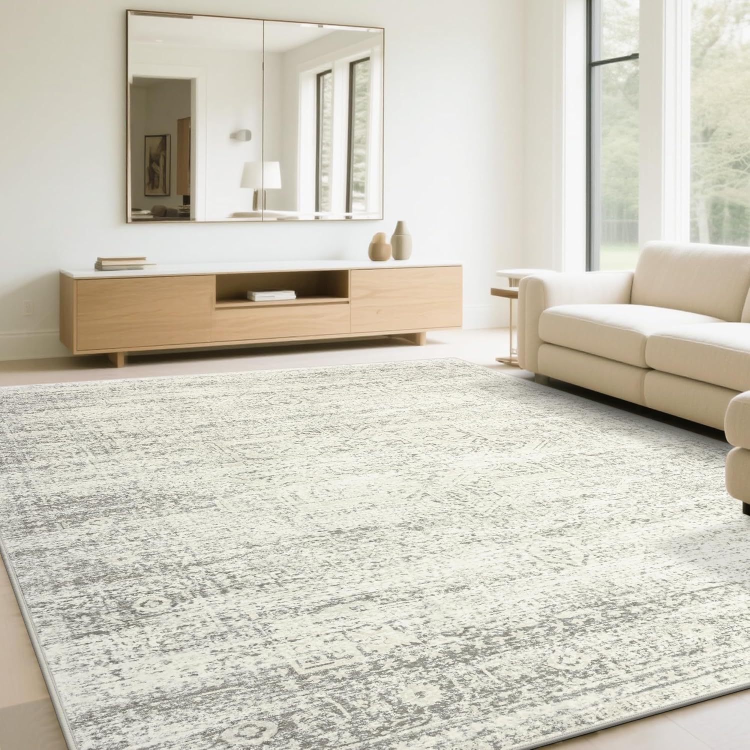 Washable Rugs 8x10 Area Rugs for Living Room,Ultra Soft Faux Wool Retro Rugs for Bedroom,Dining Room,Non Slip&Non-Shedding Low Pile Vintage Print Rug Indoor Large Carpets for Home Office Decor