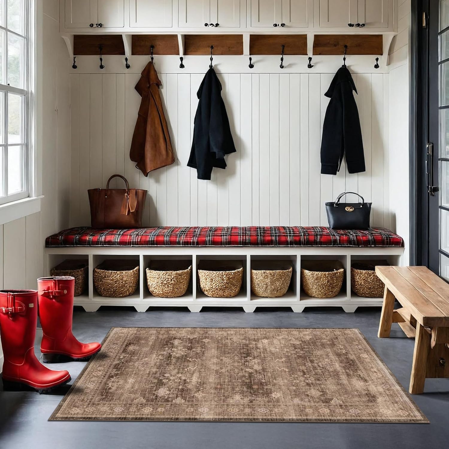 Black Farmhouse Washable 8x10 Area Rugs for Living Room, Bedroom, Dining Room Kitchen Table Rug for Under Table, Office, Dark Charcoal Tumble Stain Resistant Non-Slip Large Washable (8x10 Black/Multi)