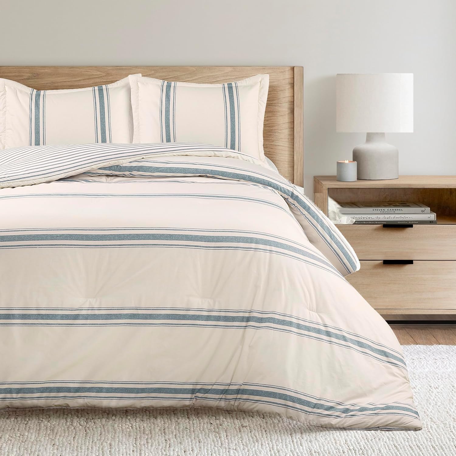 Lush Decor Millstone Farmhouse Stripe Reversible Cotton Comforter Set, 3 Piece Set, King, Gray - Farmhouse Bedding Set - Striped Comforter - Bedroom Decor