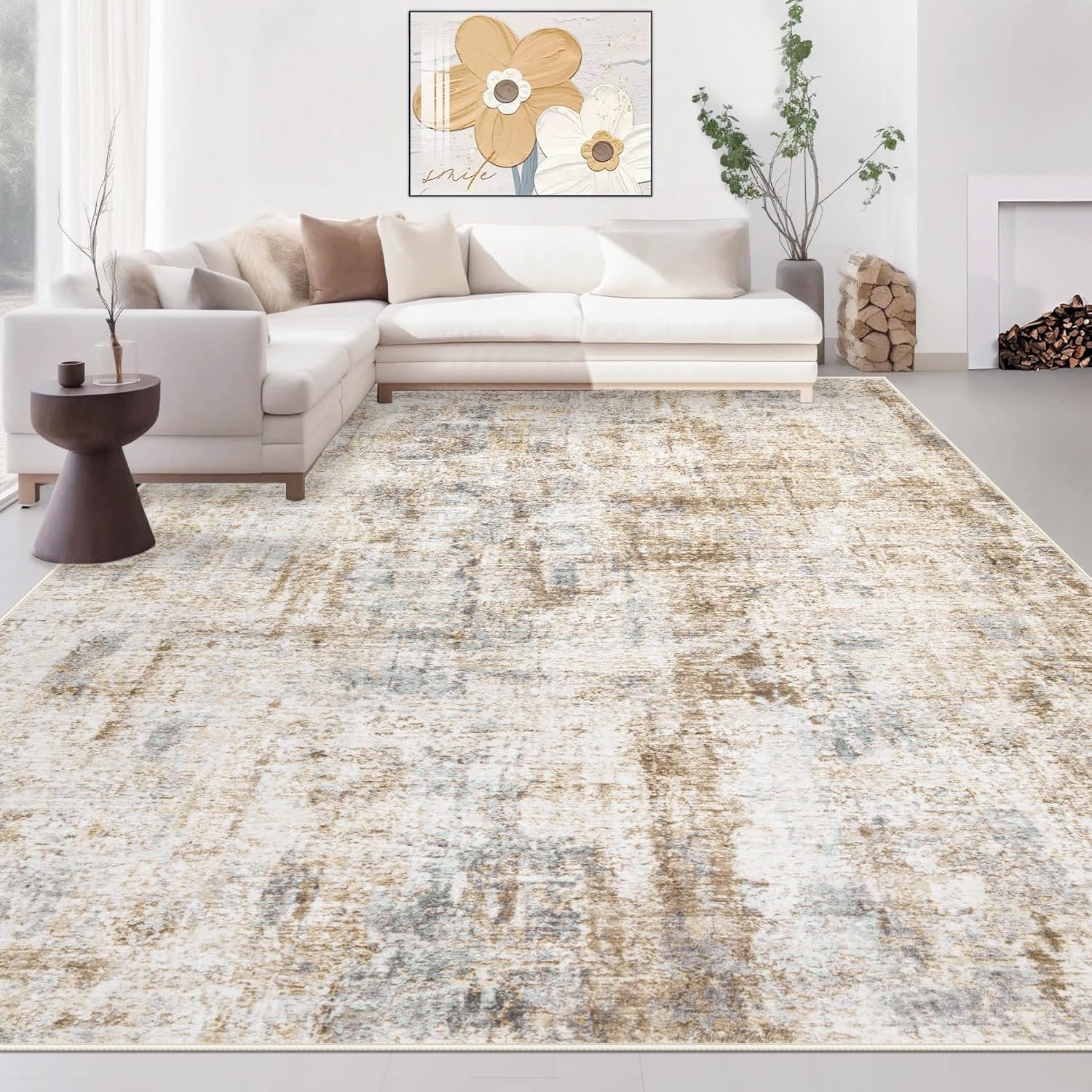 Area Rugs 8x10 Living Room: Washable Rug Modern Abstract Large Rugs Soft Non Slip Neutral Rug Stain Resistant Indoor Carpet for Bedroom Kitchen Dining Room Table Nursery Home Office Rugs(Beige,8'x10')