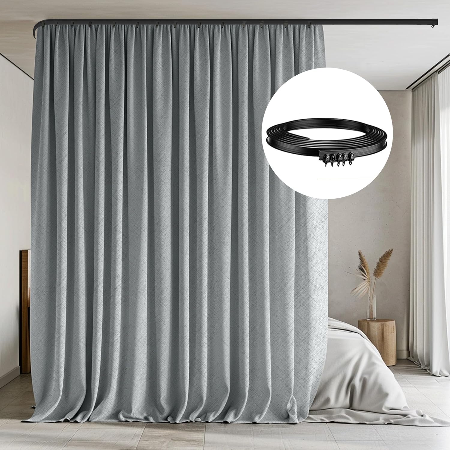 Room Divider Curtains with Flexible Ceiling Tracks Set,Blackout Curtain Ceiling Mount Curtain Track Privacy Room Dividers Ceiling Track Curtain Rod(Black Drape & Black Rail W 8.3 × H 8 FT)