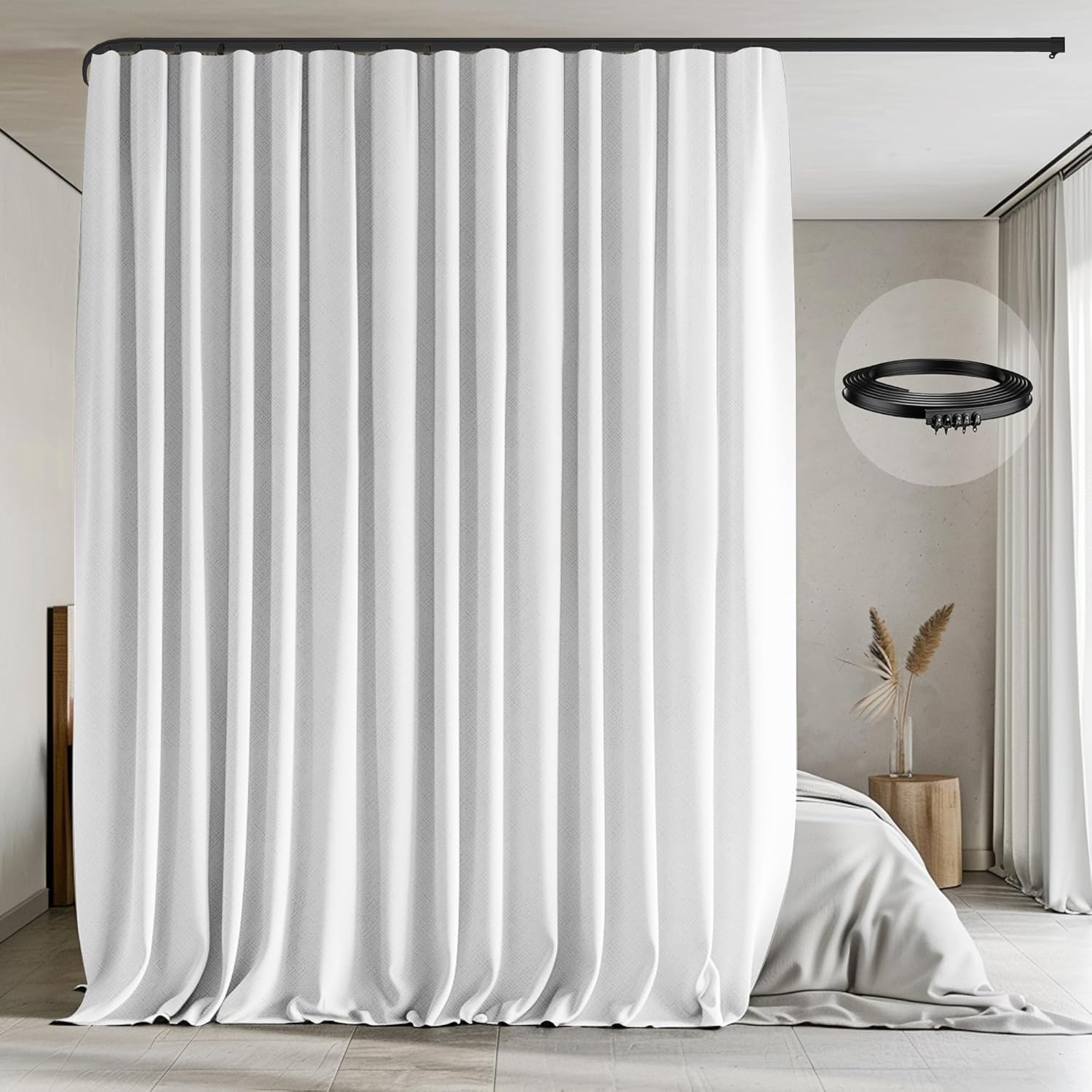 Room Divider Curtains with Flexible Ceiling Tracks Set,Blackout Curtain Ceiling Mount Curtain Track Privacy Room Dividers Ceiling Track Curtain Rod(Black Drape & Black Rail W 8.3 × H 7 FT)