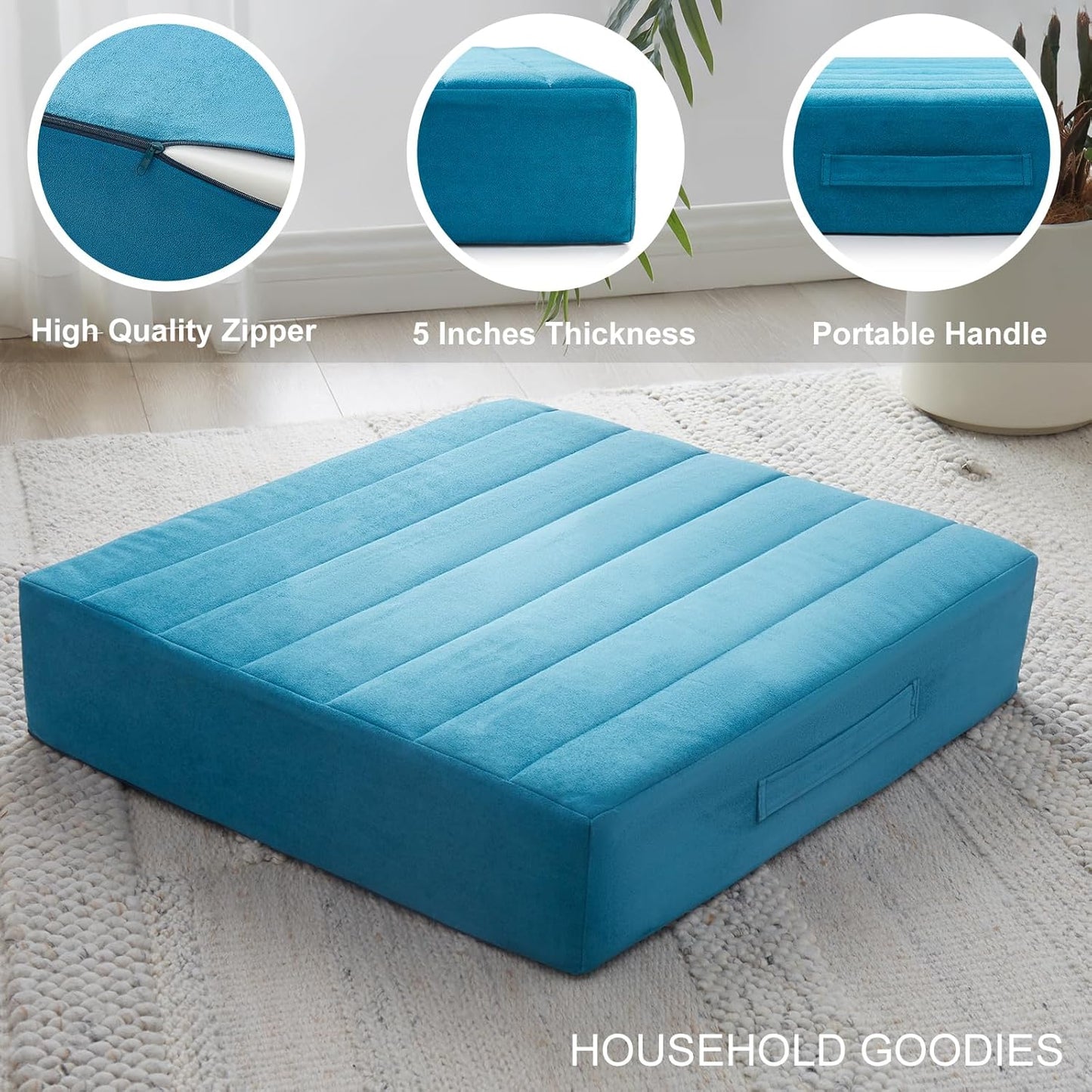 2 Pcs High Density Foam Floor Pillow - Upgraded Large Pillows Seating for Adults - Outdoor Floor Cushion with Soft Tufted Cover - Yoga Pillows for Sitting On Floor - 22 Inch Peacock Blue