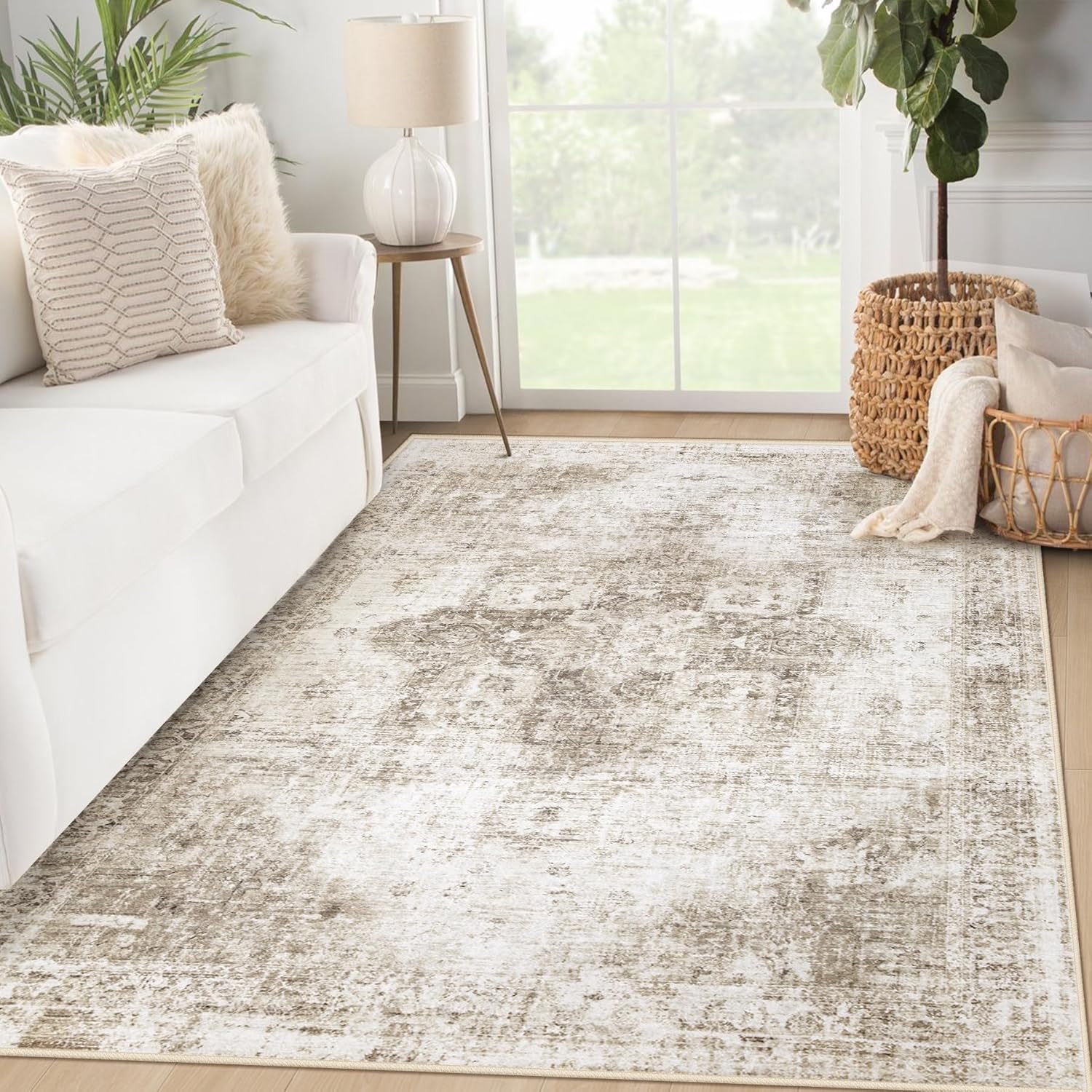 Area Rug 8x10 Washable Rug, Vintage Boho Medallion Rugs Non-Slip Soft Low Pile Large Distressed Rug Indoor Retro Carpet for Living Room Bedroom Dining Room Home Office (Beige, 8'x10')