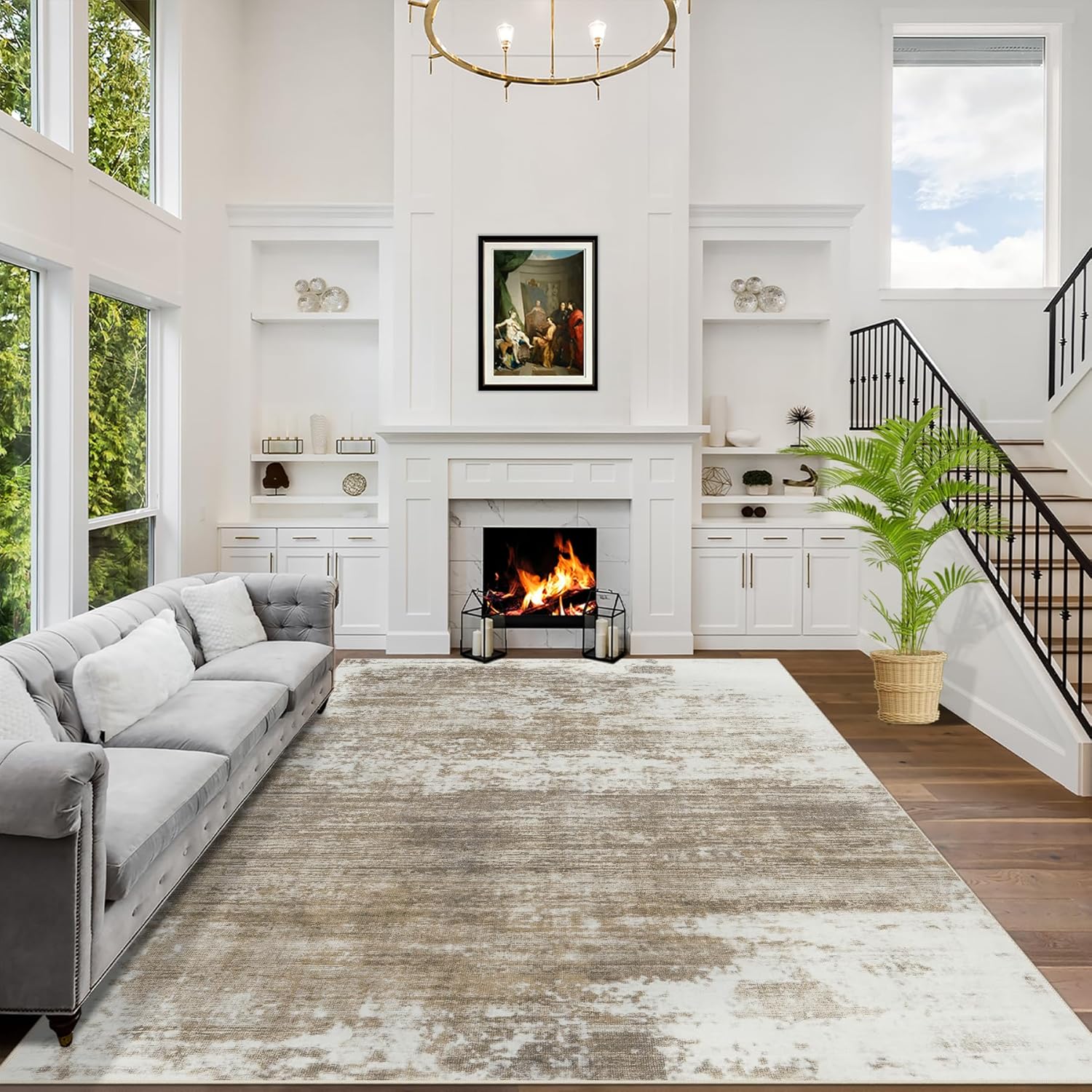 8x10 Area Rugs Washable Rug: Large Modern Abstract Living Room Rug Soft Anti-Skid Thin Carpet Indoor Floor Non-Shedding Carpets for Bedroom Dining Farmhouse Nursery Home Office Black Grey Gold