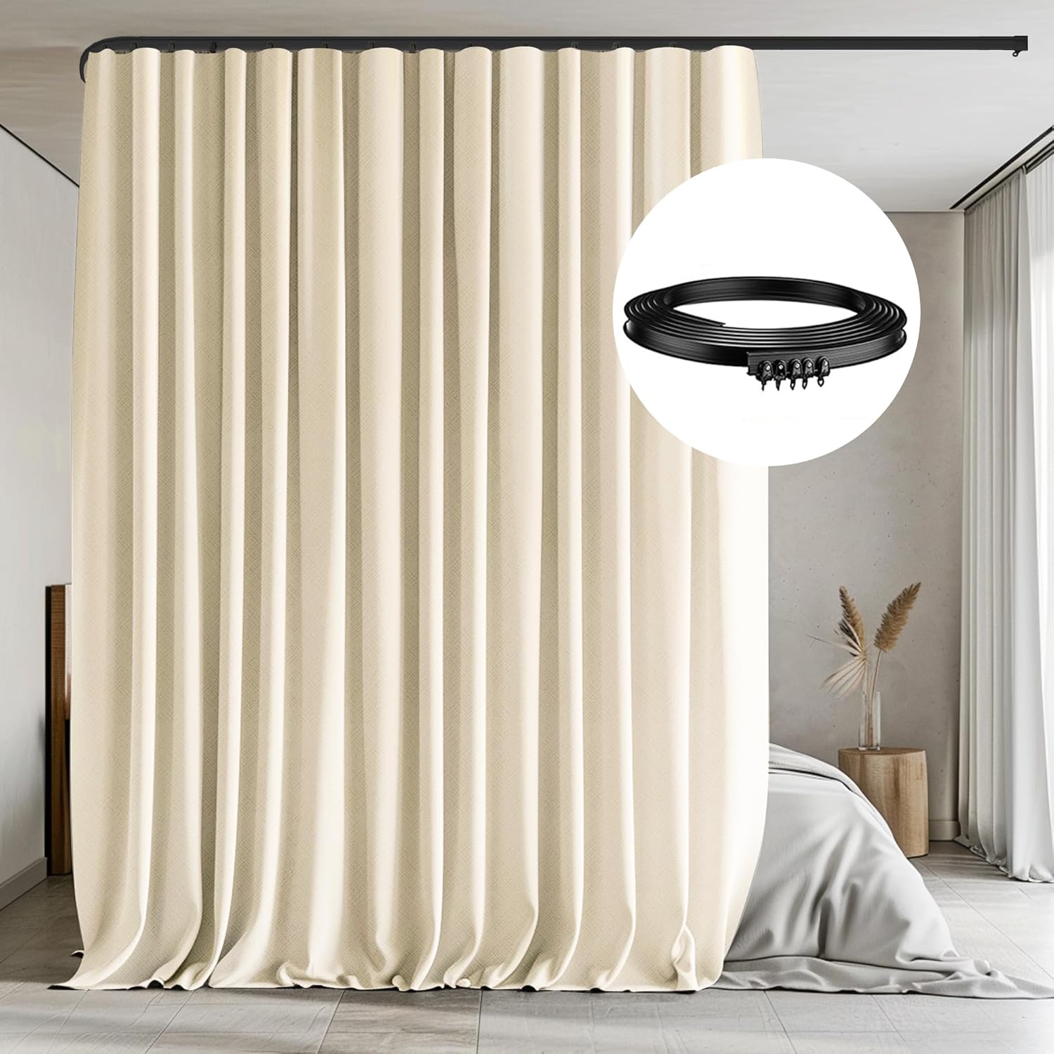 Room Divider Curtains with Flexible Ceiling Tracks Set,Blackout Curtain Ceiling Mount Curtain Track Privacy Room Dividers Ceiling Track Curtain Rod(Black Drape & Black Rail W 8.3 × H 8 FT)