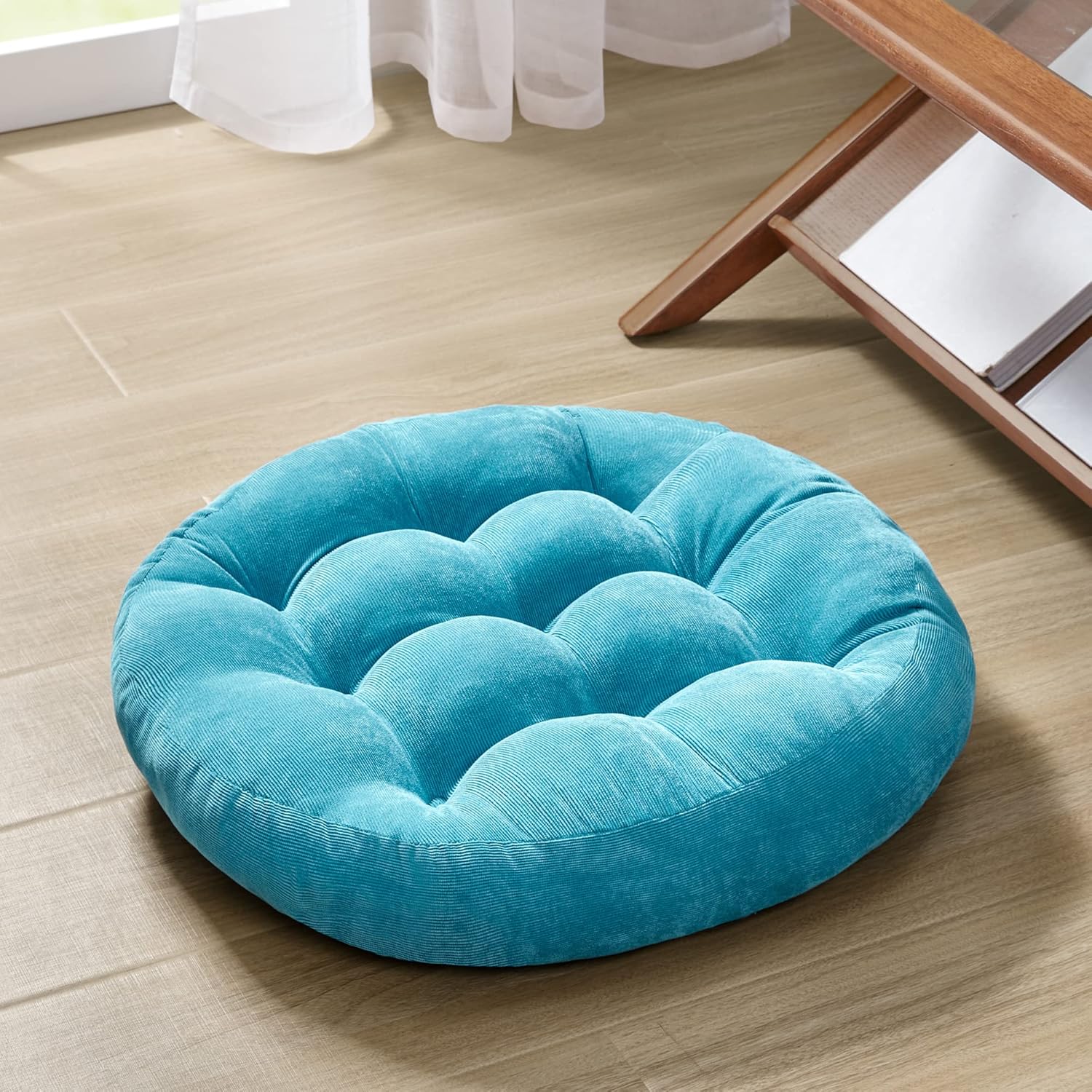 Meditation Floor Pillow Set of 2, Round Large Pillows Seating for Adults, Tufted Corduroy Thick Cushion for Living Room Tatami, Turquoise, 22 Inch'2 Count (Pack of 1)
