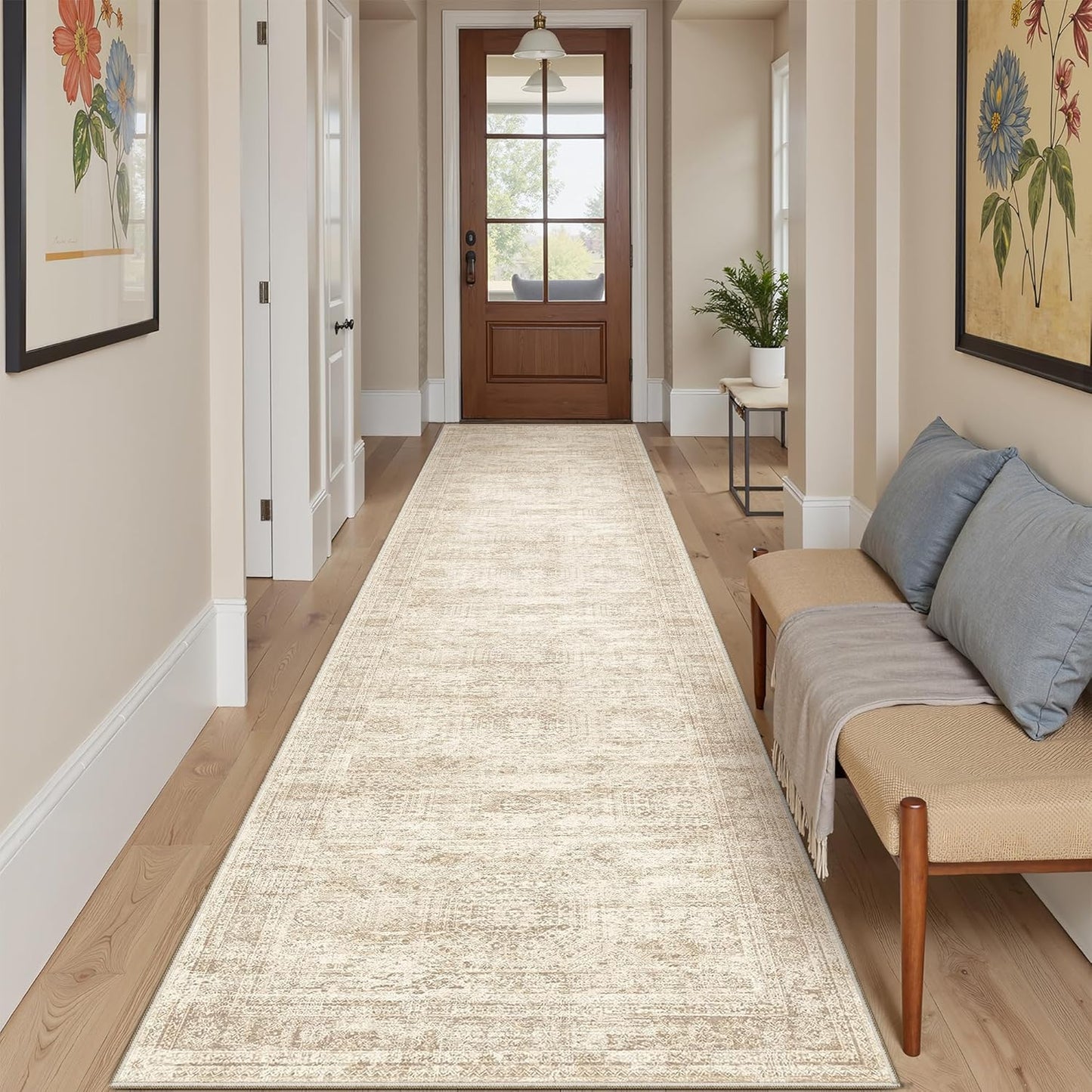 9x12 Area Rugs for Living Room, Non Slip Machine Washable Vintage Rugs, Low Pile Lightweight Large Rug for Bedroom, Dining Room, Home Office Beige