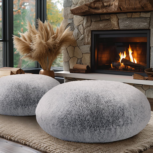 Codi Faux Fur Floor Pillows, Fluffy Large Round Cushions Sitting for Adults, Decorative Fuzzy Pillow for Fireplace, Living Room, Christmas, 32 Inch, Light Grey
