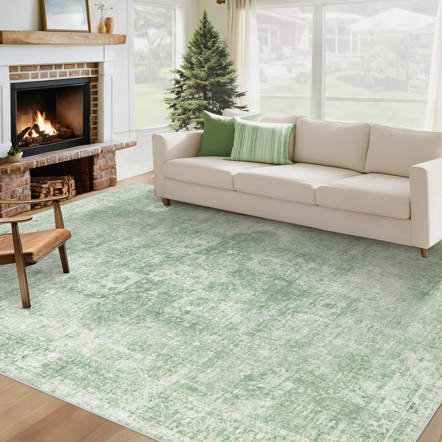 Area Rug 8x10 Washable Rug, Vintage Boho Medallion Rugs Non-Slip Soft Low Pile Large Distressed Rug Indoor Retro Carpet for Living Room Bedroom Dining Room Home Office (Beige, 8'x10')