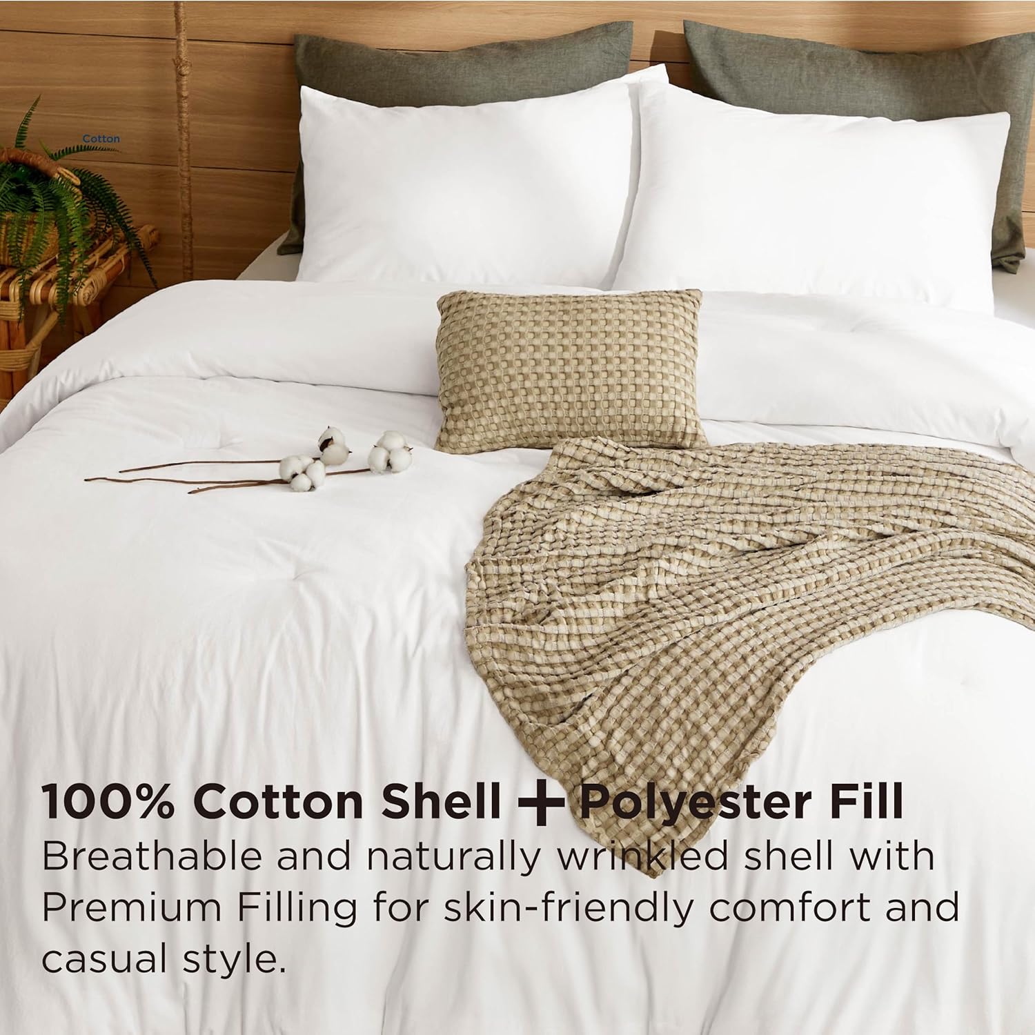 Bedsure 5 Pieces Cotton Comforter Set with Cotton Waffle Throw Blanket - White Queen Comforter, Pillow Shams, Taupe Cooling Blanket of Rayon Derived from Bamboo for Hot Sleepers, Throw Pillow