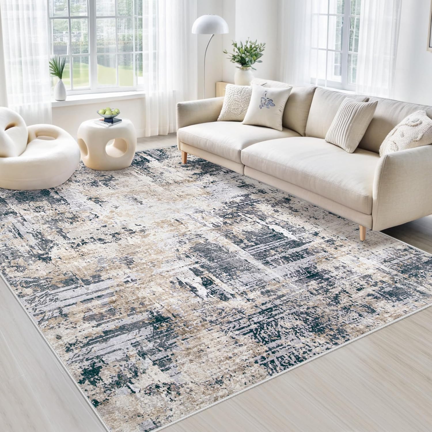 Area Rugs 8x10 Living Room: Washable Rug Modern Abstract Large Rugs Soft Non Slip Neutral Rug Stain Resistant Indoor Carpet for Bedroom Kitchen Dining Room Table Nursery Home Office Rugs(Beige,8'x10')