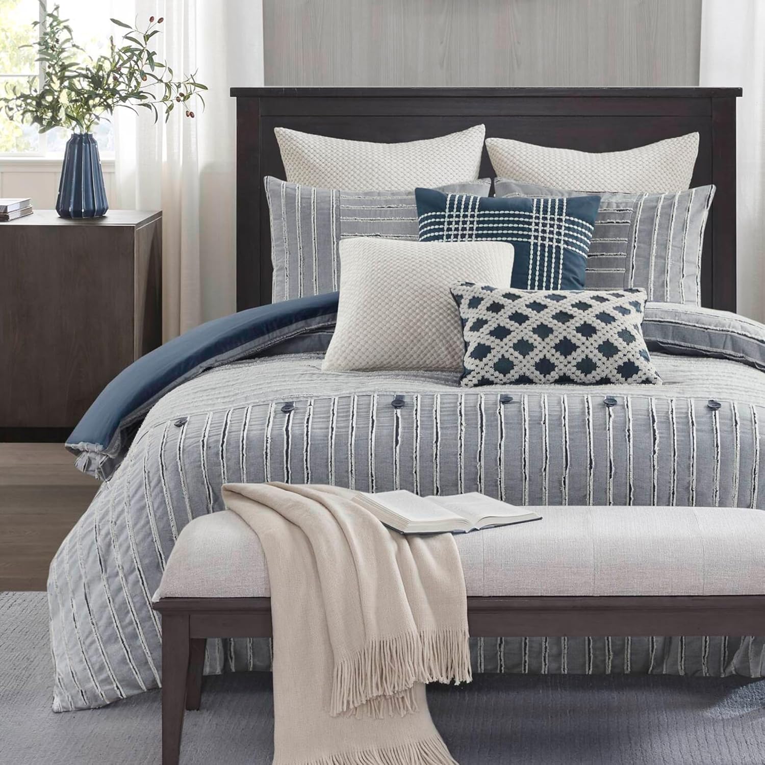 Madison Park Comforter Set Cotton Clipped Jacquard, Oversized Comforters, All Season Down Alternative Overfilled King Size Comforter, Essence, Green 9 Piece