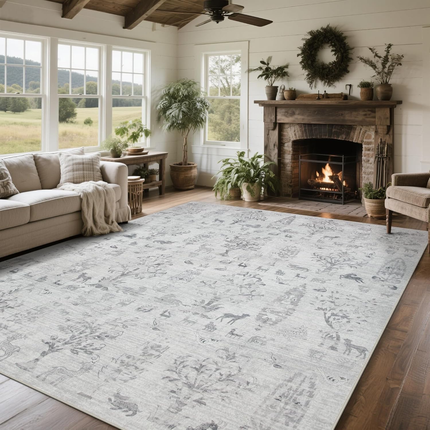 Washable Rugs 8x10 Area Rugs for Living Room,Ultra Soft Faux Wool Retro Rugs for Bedroom,Dining Room,Non Slip&Non-Shedding Low Pile Vintage Print Rug Indoor Large Carpets for Home Office Decor