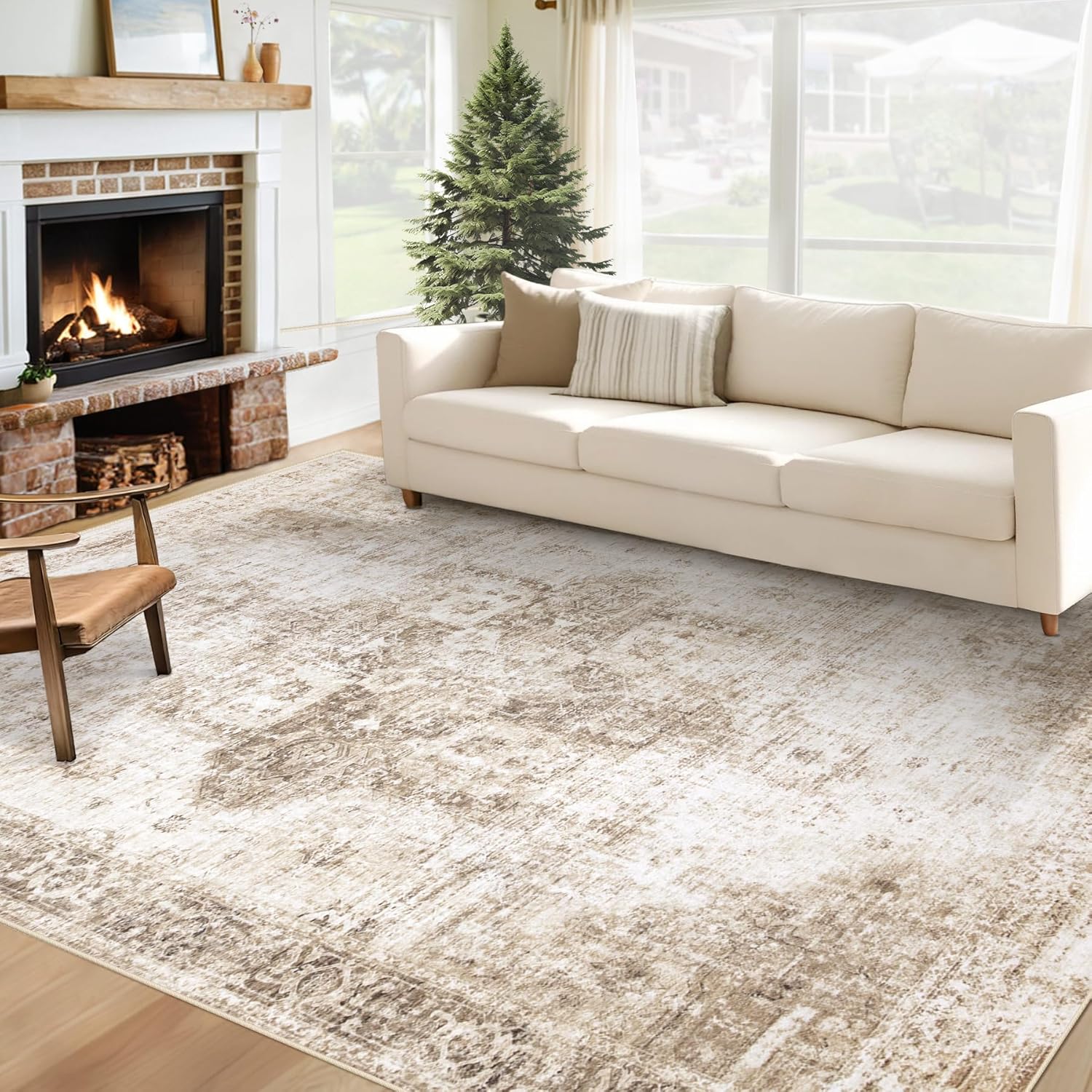 Area Rug 8x10 Washable Rug, Vintage Boho Medallion Rugs Non-Slip Soft Low Pile Large Distressed Rug Indoor Retro Carpet for Living Room Bedroom Dining Room Home Office (Beige, 8'x10')