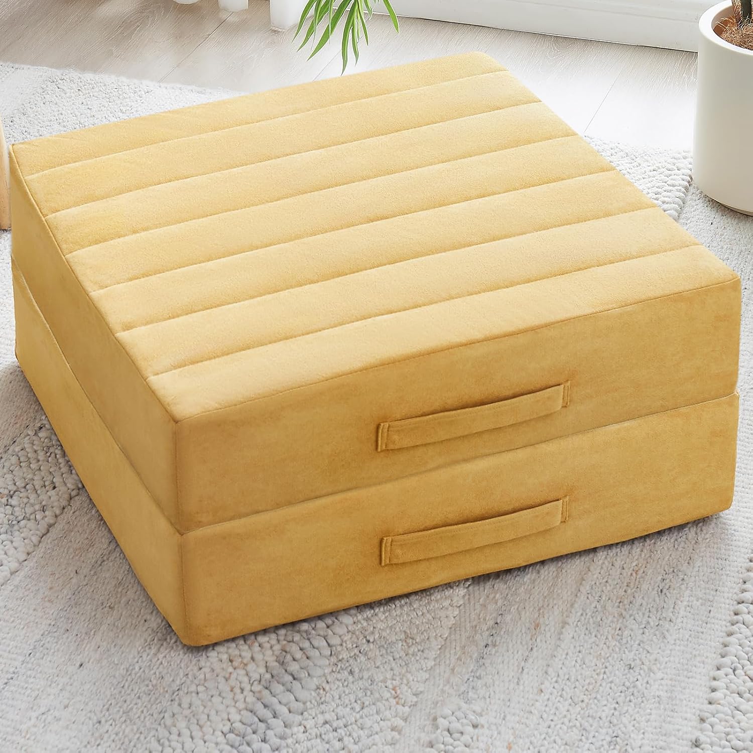 2 Pcs High Density Foam Floor Pillow - Upgraded Large Pillows Seating for Adults - Outdoor Floor Cushion with Soft Tufted Cover - Yoga Pillows for Sitting On Floor - 22 Inch Grey