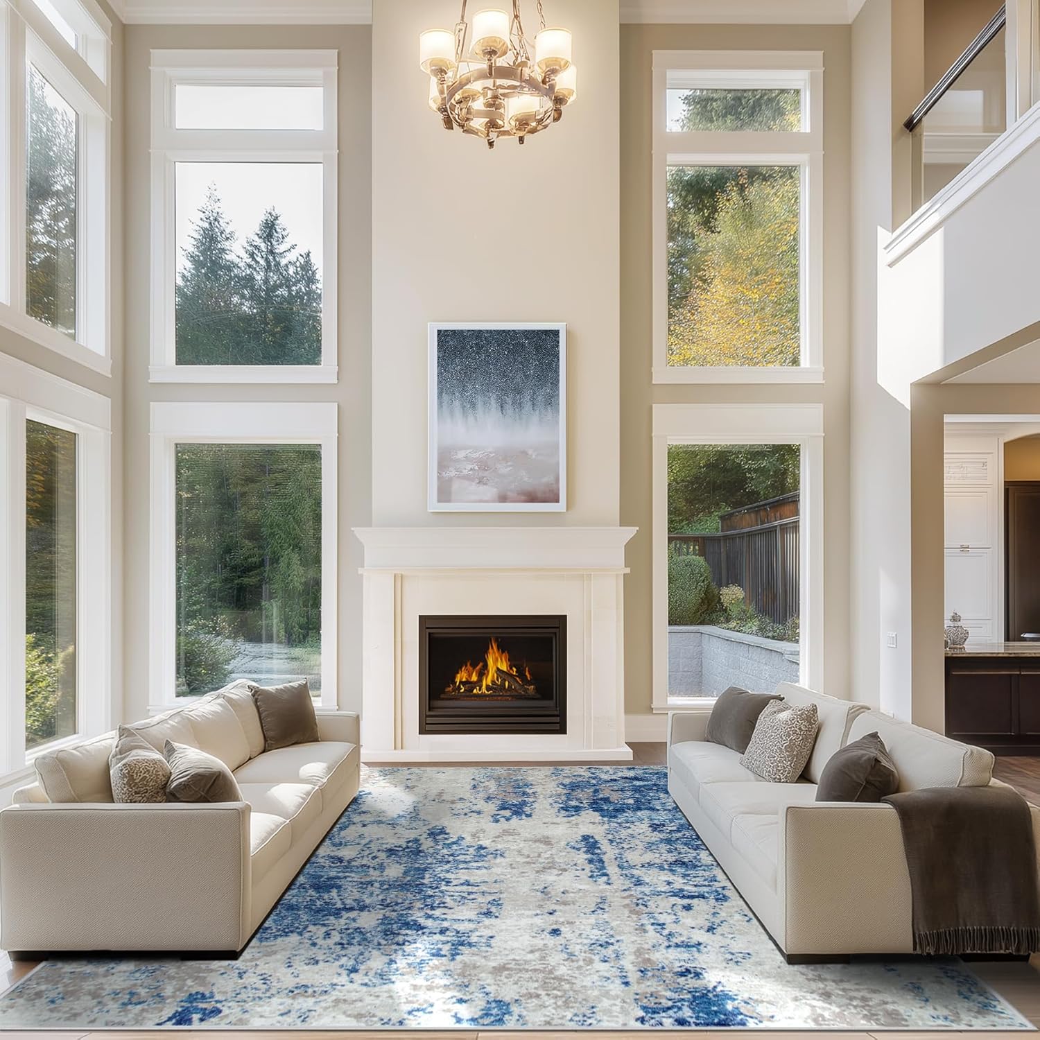 8x10 Area Rugs for Living Room Rug Washable: Abstract Large Rug for Dining Room Bedroom Carpet Non Slip 8 by 10 Indoor Modern Nursery Home Office Blue Grey