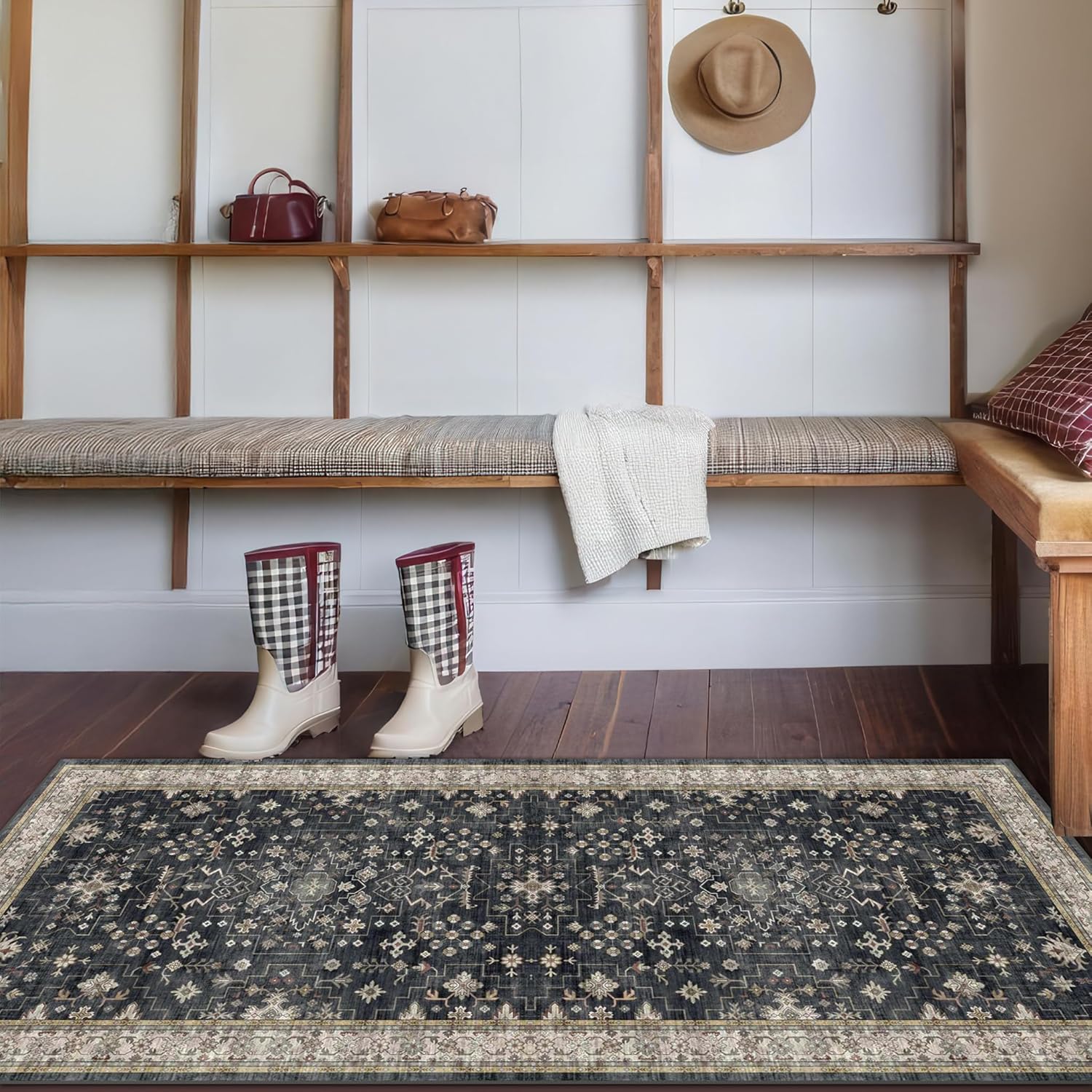 Black Farmhouse Washable 8x10 Area Rugs for Living Room, Bedroom, Dining Room Kitchen Table Rug for Under Table, Office, Dark Charcoal Tumble Stain Resistant Non-Slip Large Washable (8x10 Black/Multi)