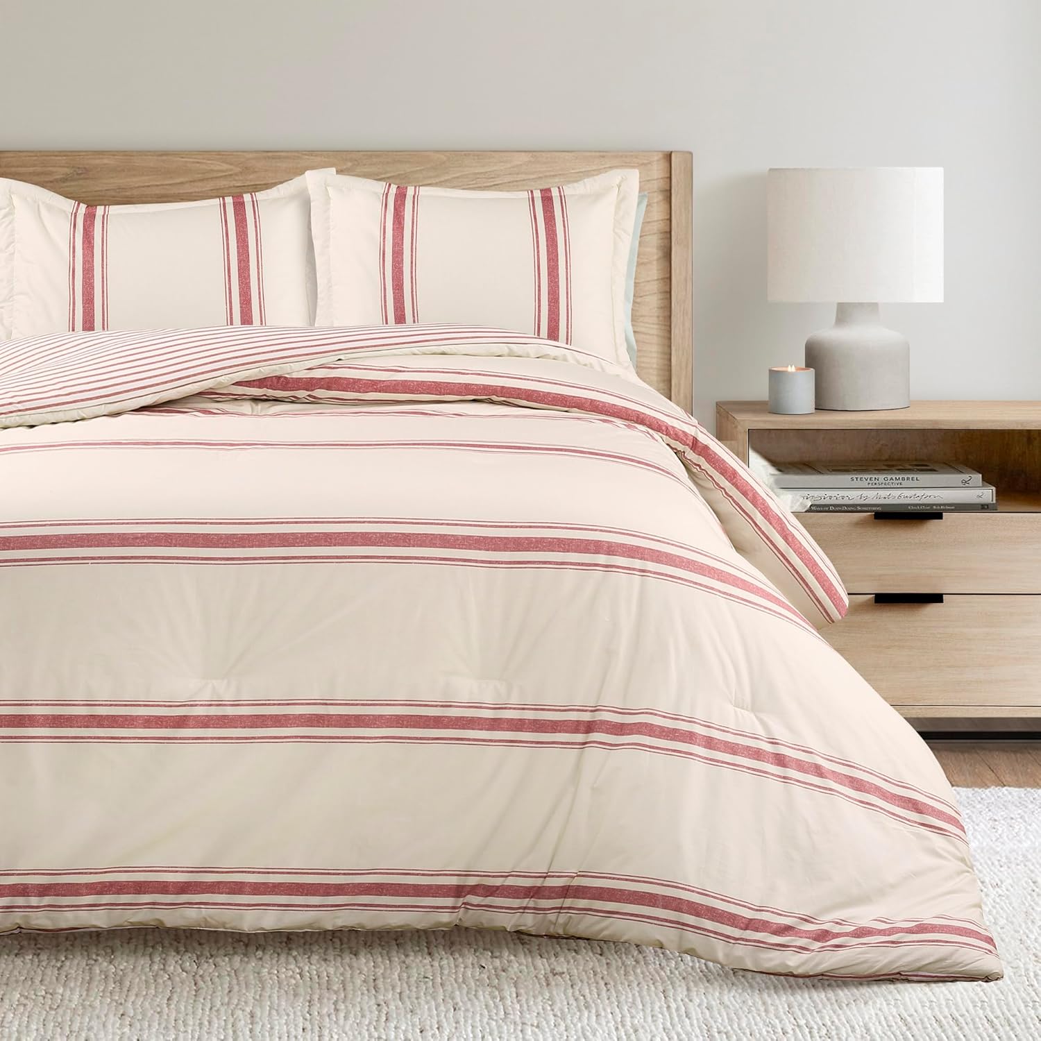 Lush Decor Millstone Farmhouse Stripe Reversible Cotton Comforter Set, 3 Piece Set, King, Gray - Farmhouse Bedding Set - Striped Comforter - Bedroom Decor
