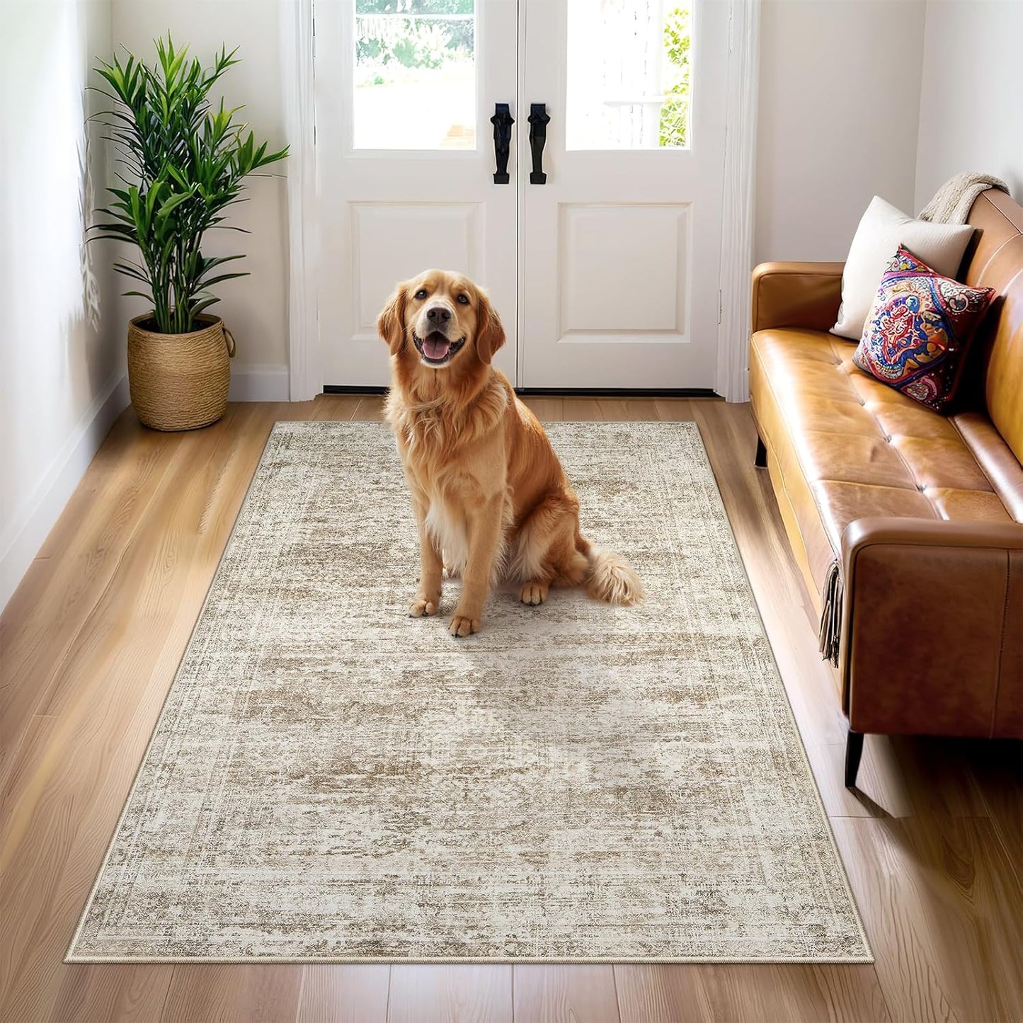 9x12 Area Rugs for Living Room, Non Slip Machine Washable Vintage Rugs, Low Pile Lightweight Large Rug for Bedroom, Dining Room, Home Office Beige