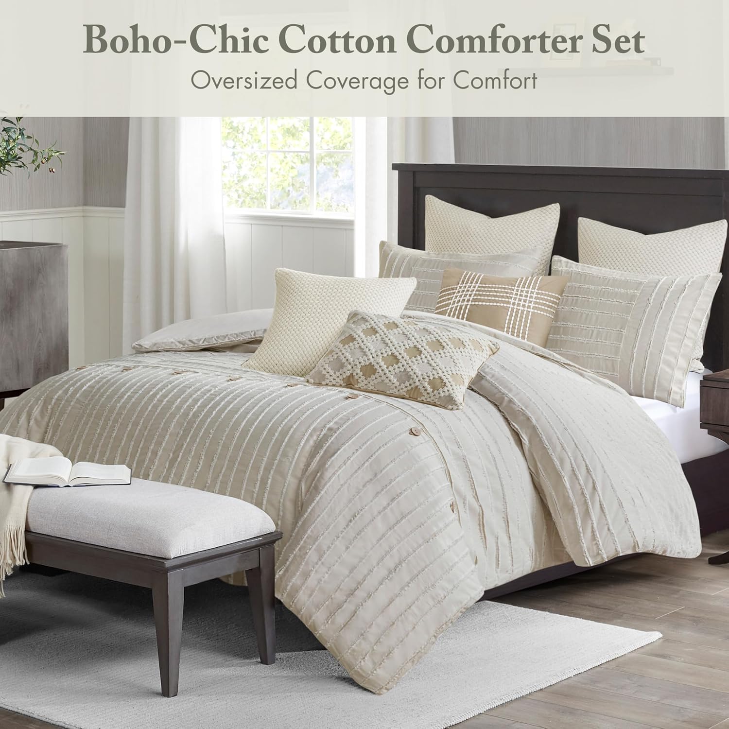 Madison Park King Comforter Set Clipped Jacquard Stripes with Buttons Boho Comforter for a King-Size Bed, Cotton Oversized Comforters with Removable Cover Boho Bedding, King Ivory 9 Piece