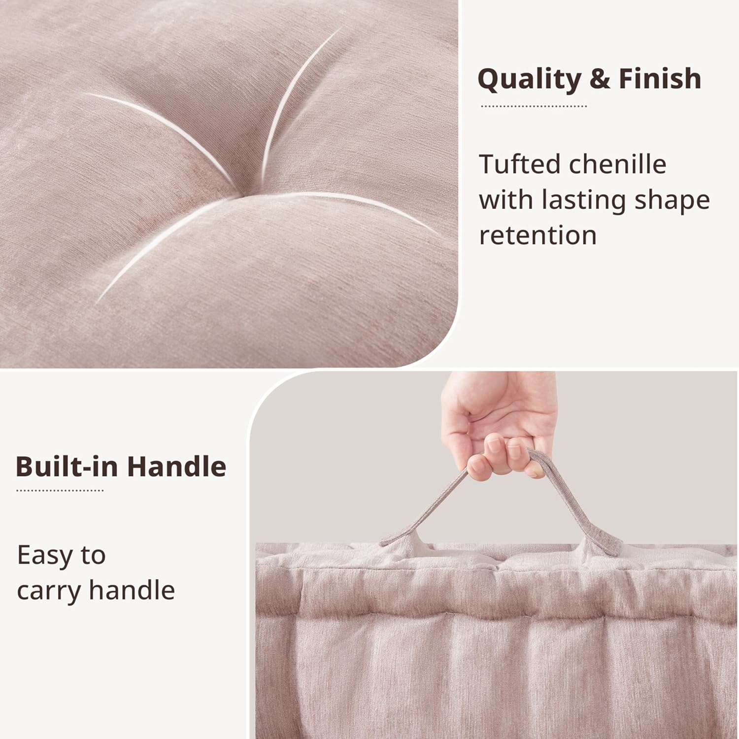 Intelligent Design Large Floor Pillow for Adults Yoga or Meditation Cushion with Handle, Floor Cushion for Board Games, Lustrous Chenille Tufted, Handsewn Scalloped Edge, Azza, 24" x 24" x 5" Blush