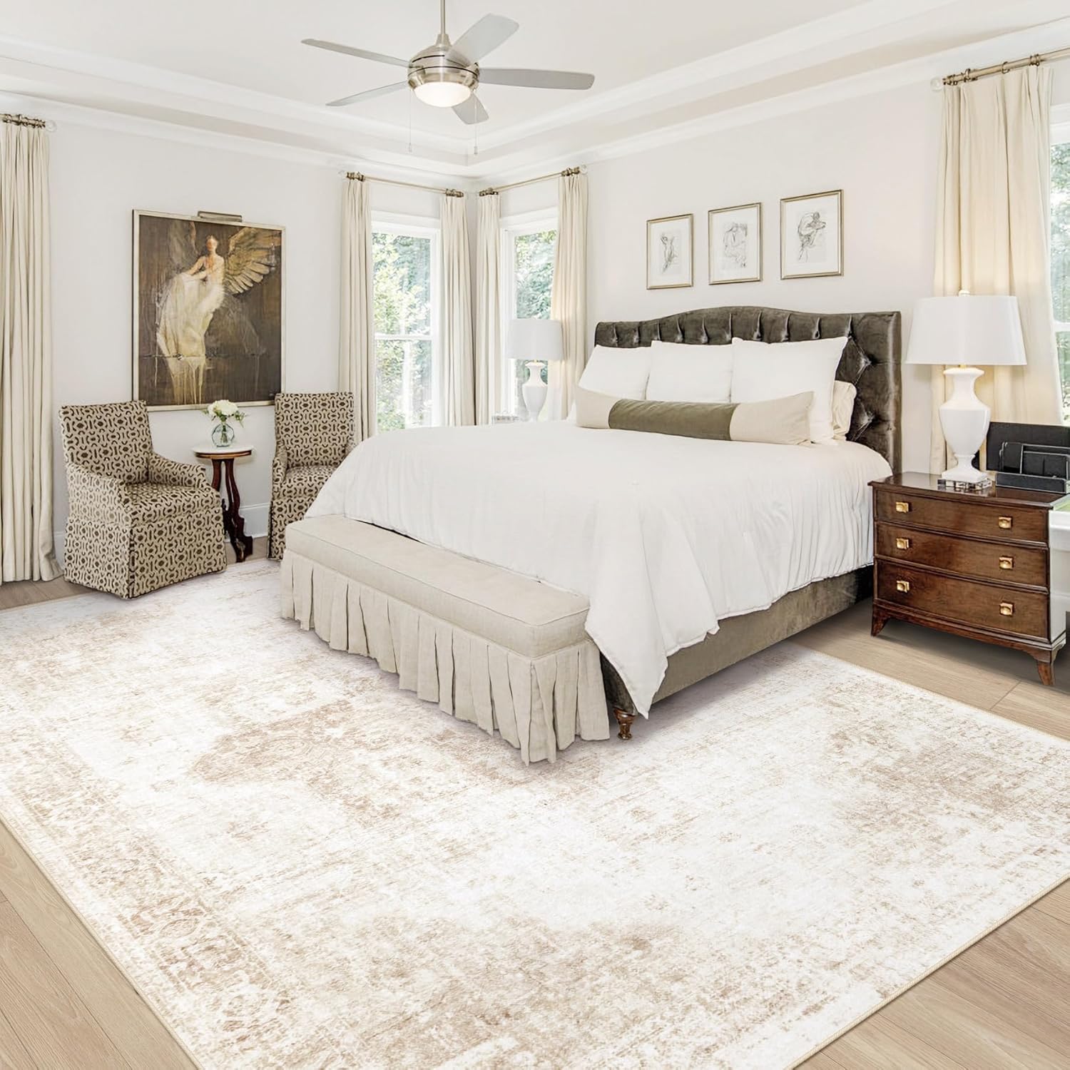 Area Rug 8x10 Washable Rug, Vintage Boho Medallion Rugs Non-Slip Soft Low Pile Large Distressed Rug Indoor Retro Carpet for Living Room Bedroom Dining Room Home Office (Beige, 8'x10')