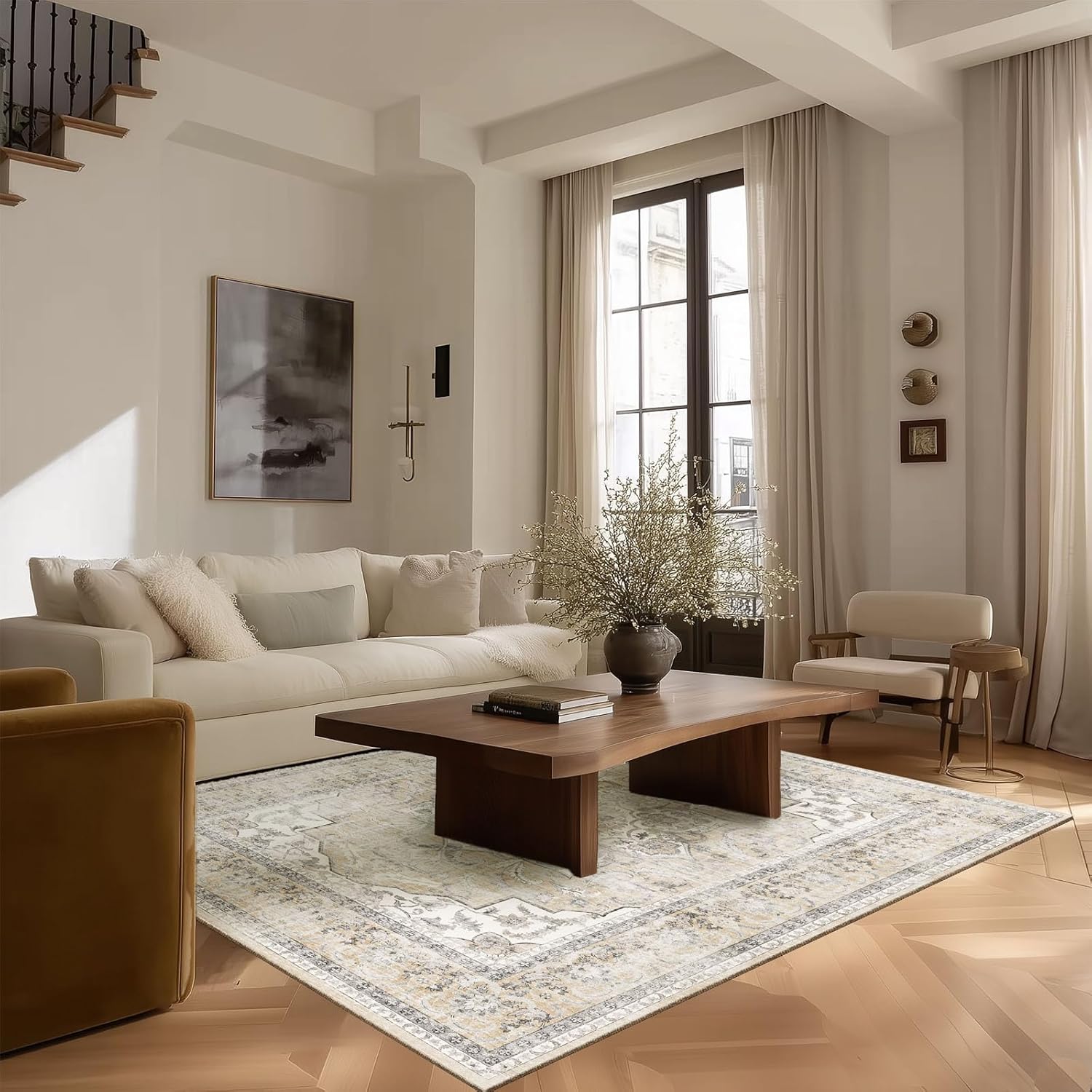 8x10 Area Rugs Washable Rug: Large Living Room Rug Stain Resistant Distressed Vintage Boho Carpet Non Slip Low Pile Faux Wool Soft Rugs for Bedroom Bedside Indoor Farmhouse Kids Playroom Dining Room