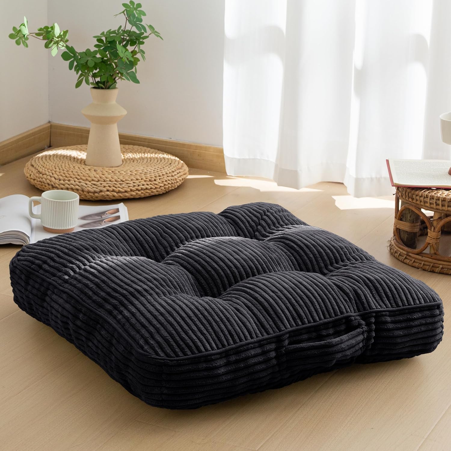 Washable Floor Pillow Cushion for Adults, Meditation Cushion Pillow, Large Square Floor Sitting, Removable Tufted Corduroy Cover, for Tatami Living Room or Yoga, 22x22 Inch, 2Pack, Machine Washable