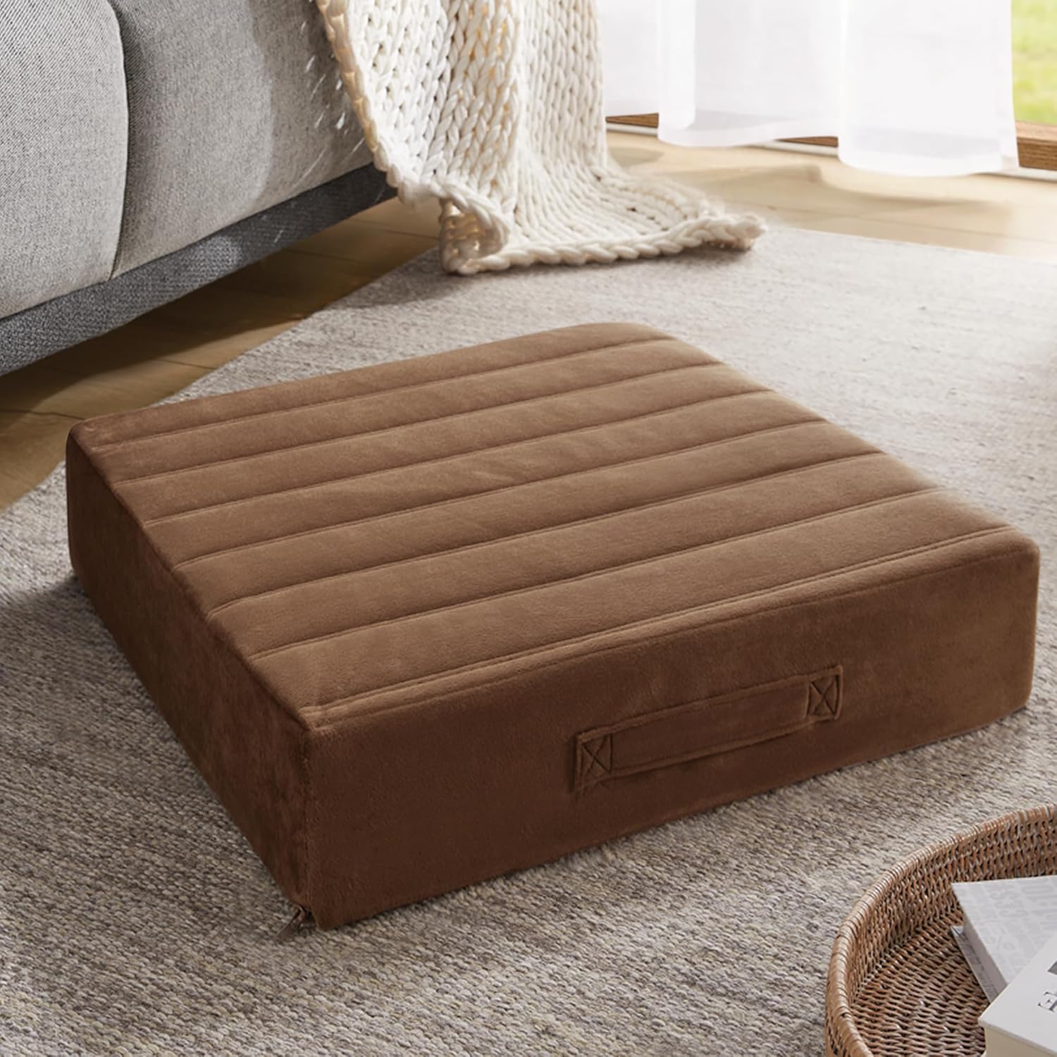 Codi High Density Foam Floor Pillow 2 Sets, 5" Thick Large Meditation Cushions Seating for Adults and Yoga Sitting, Washable Thick Couch Cushion with Soft Tufted Covers - 22 inch Coffee