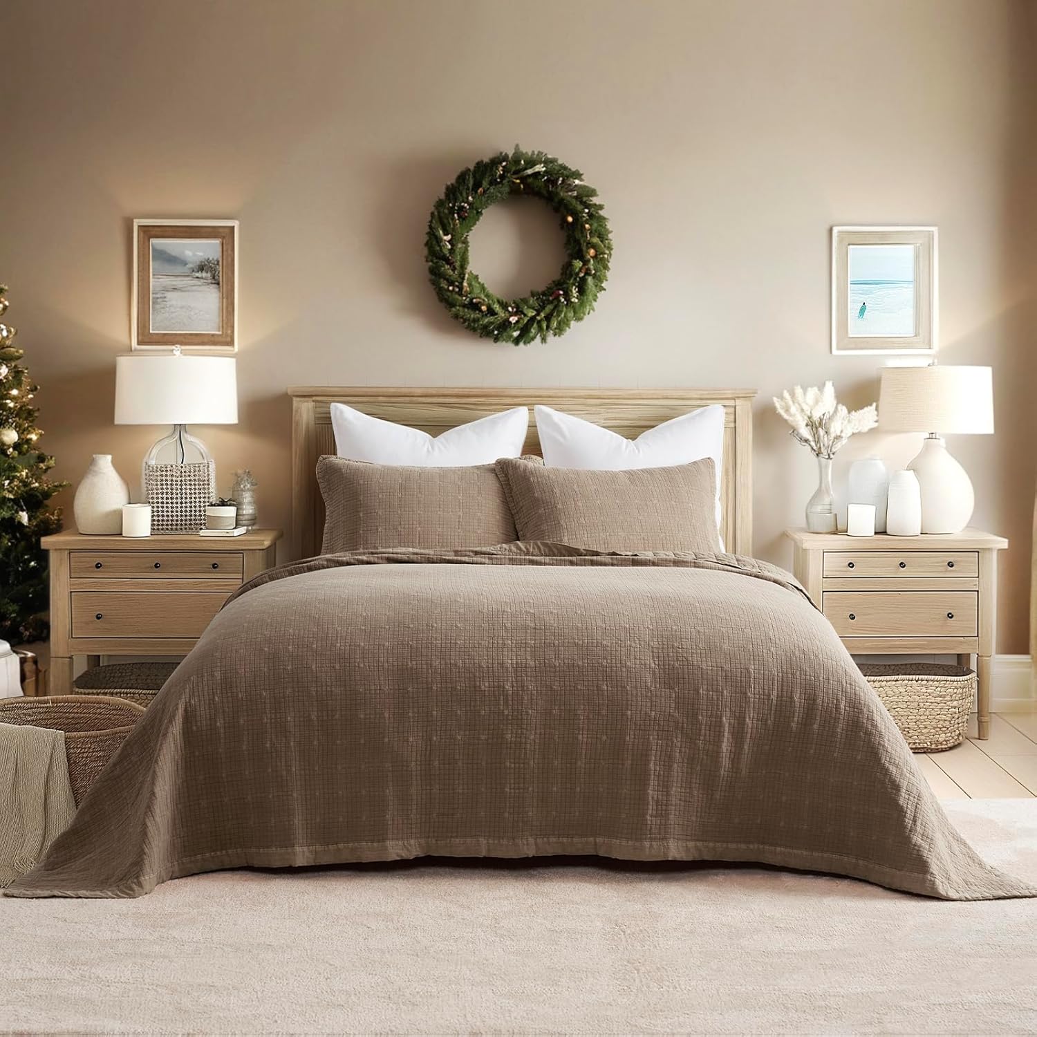 EVERGRACEHOME Stonewashed Cotton Quilt Set King Size, Ultra Soft Oversized Bedspread Coverlet Set, Lightweight Crinkle Box Stitch Bedding Sets for All Season, with 2 Shams, Mocha Brown