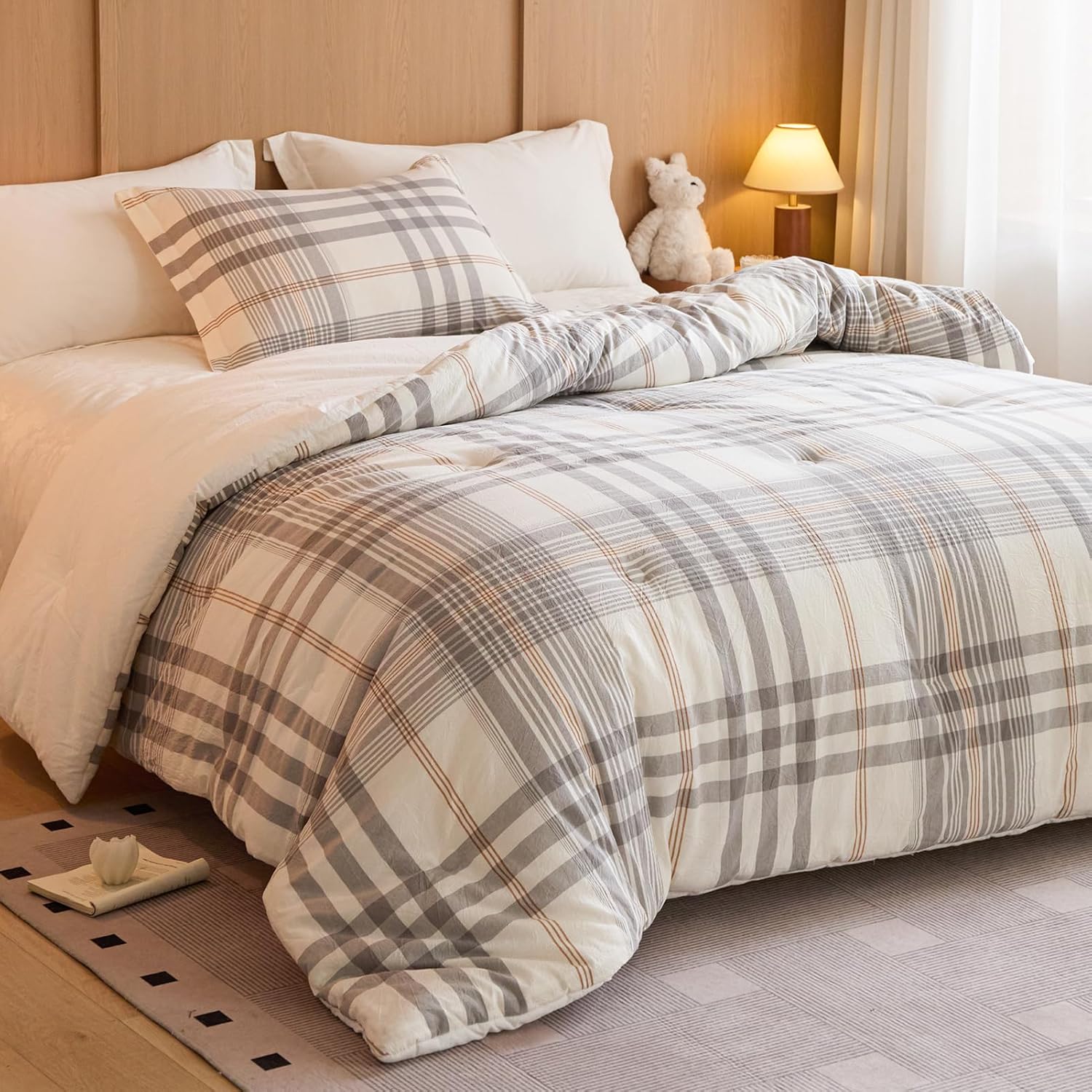 100% Cotton Comforter Set King Size – Reversible Yarn-Dyed Checkered Design, Soft Washed Cotton on Both Sides, Lightweight All-Season Bedding, Machine Washable(Grey White Plaid, 104”x90”)