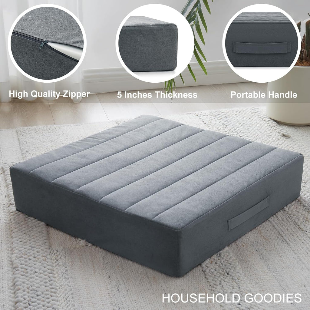 2 Pcs High Density Foam Floor Pillow - Upgraded Large Pillows Seating for Adults - Outdoor Floor Cushion with Soft Tufted Cover - Yoga Pillows for Sitting On Floor - 22 Inch Grey