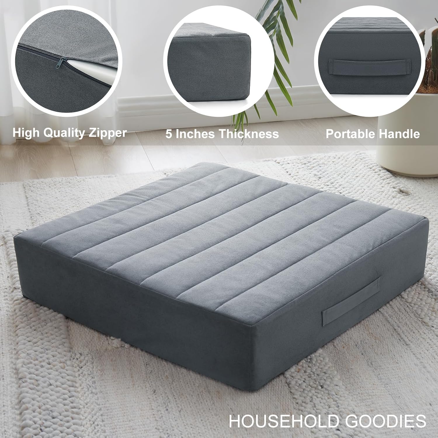 2 Pcs High Density Foam Floor Pillow - Upgraded Large Pillows Seating for Adults - Outdoor Floor Cushion with Soft Tufted Cover - Yoga Pillows for Sitting On Floor - 22 Inch Grey