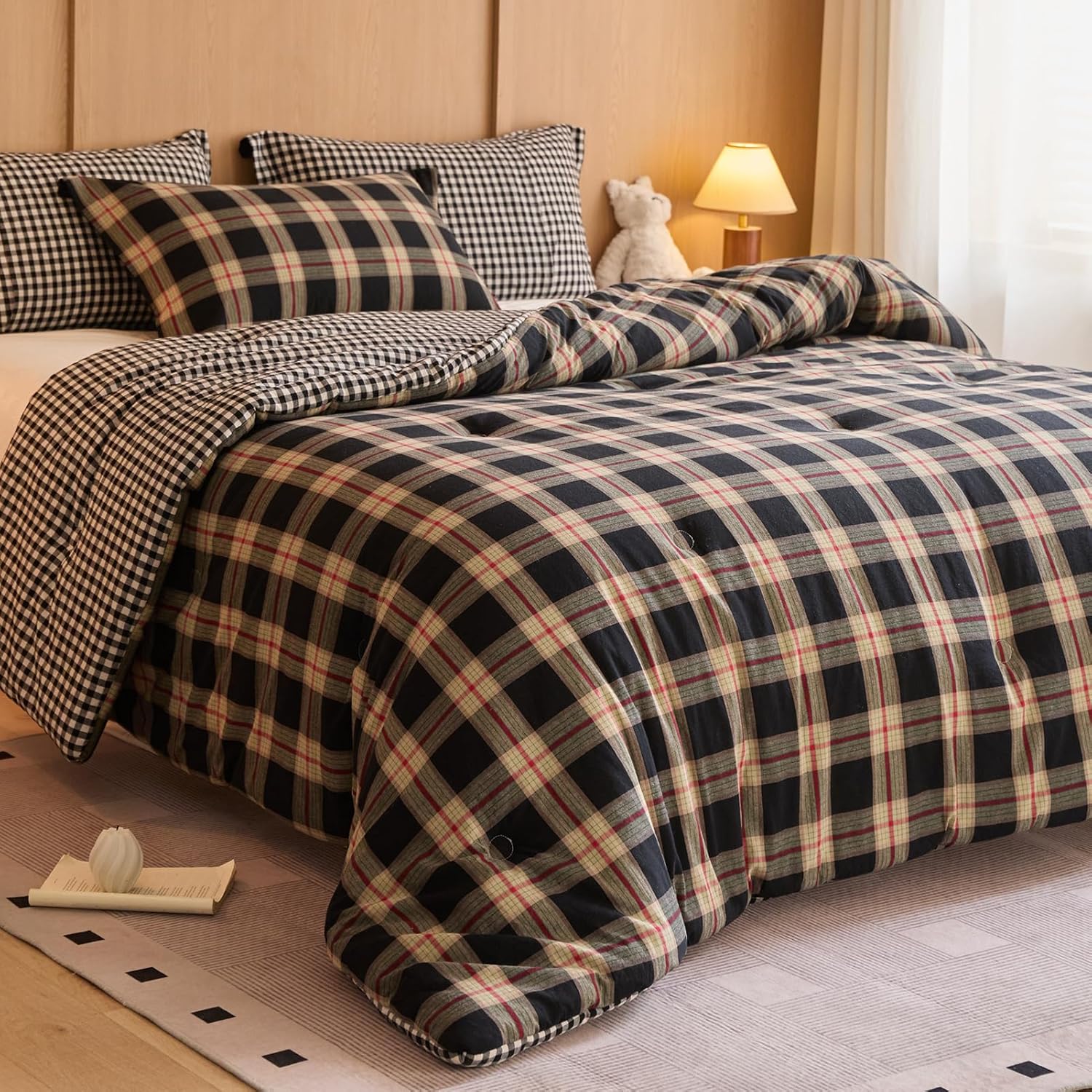 100% Cotton Comforter Set King Size – Reversible Yarn-Dyed Checkered Design, Soft Washed Cotton on Both Sides, Lightweight All-Season Bedding, Machine Washable(Grey White Plaid, 104”x90”)