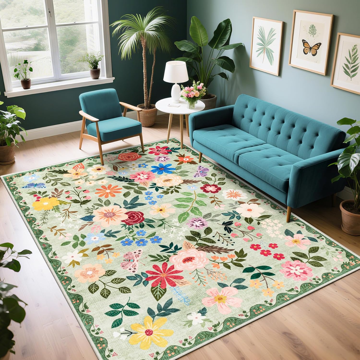 8x10 Area Rugs for Living Room: Floral Washable Rug Vintage Large Soft Boho Non-Slip Carpet Indoor Floor Stain Resistant Carpets for Bedroom Dining Room Farmhouse Nursery Home Office Dark Green