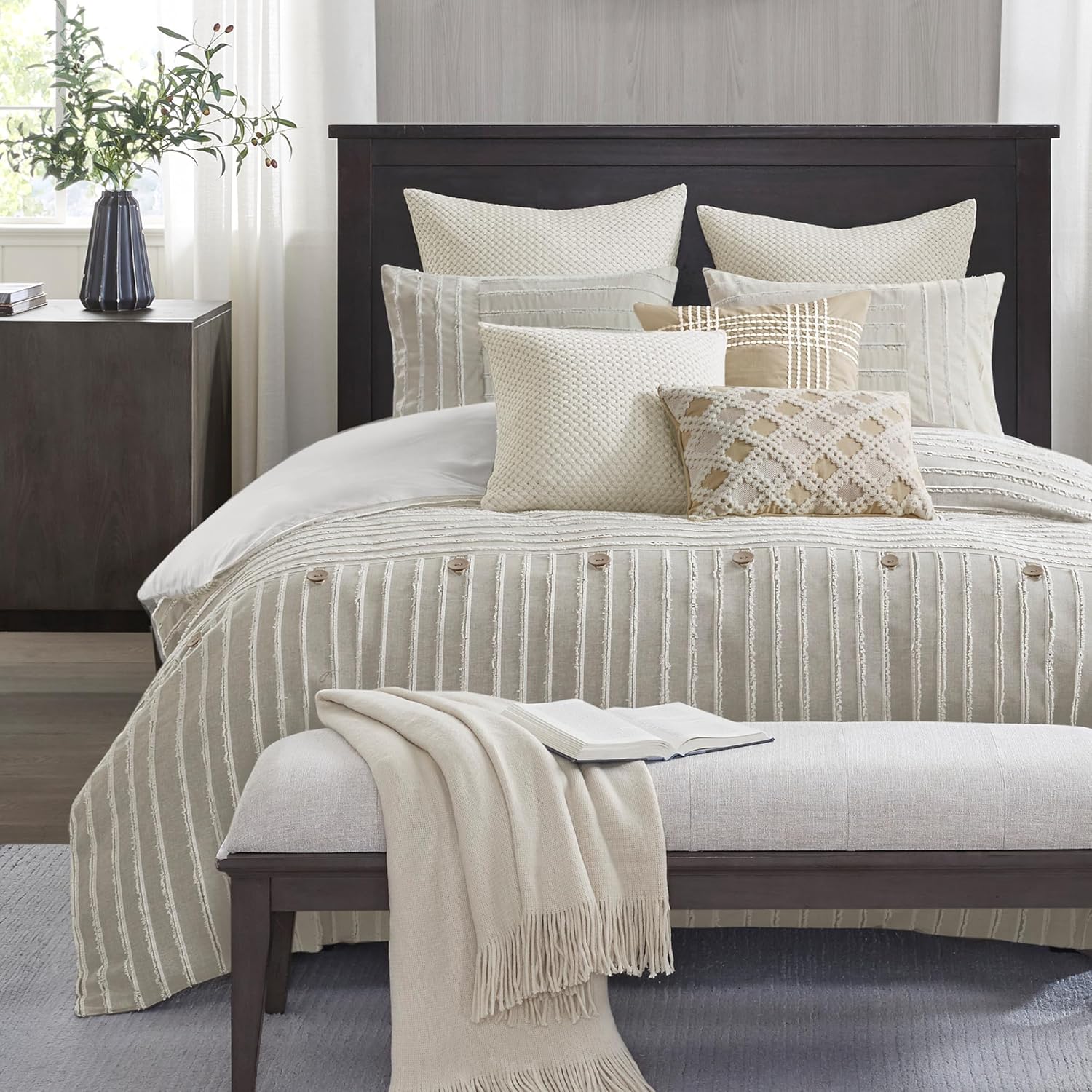 Madison Park Comforter Set Cotton Clipped Jacquard, Oversized Comforters, All Season Down Alternative Overfilled King Size Comforter, Essence, Green 9 Piece