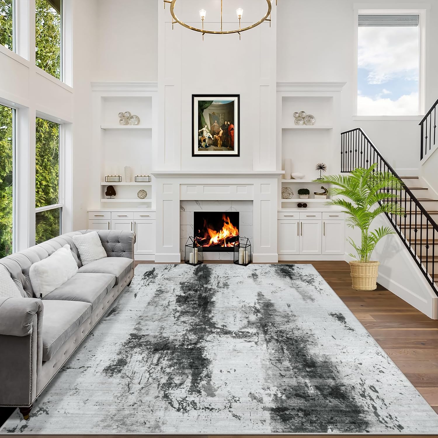 8x10 Area Rugs Washable Rug: Large Modern Abstract Living Room Rug Soft Anti-Skid Thin Carpet Indoor Floor Non-Shedding Carpets for Bedroom Dining Farmhouse Nursery Home Office Black Grey Gold