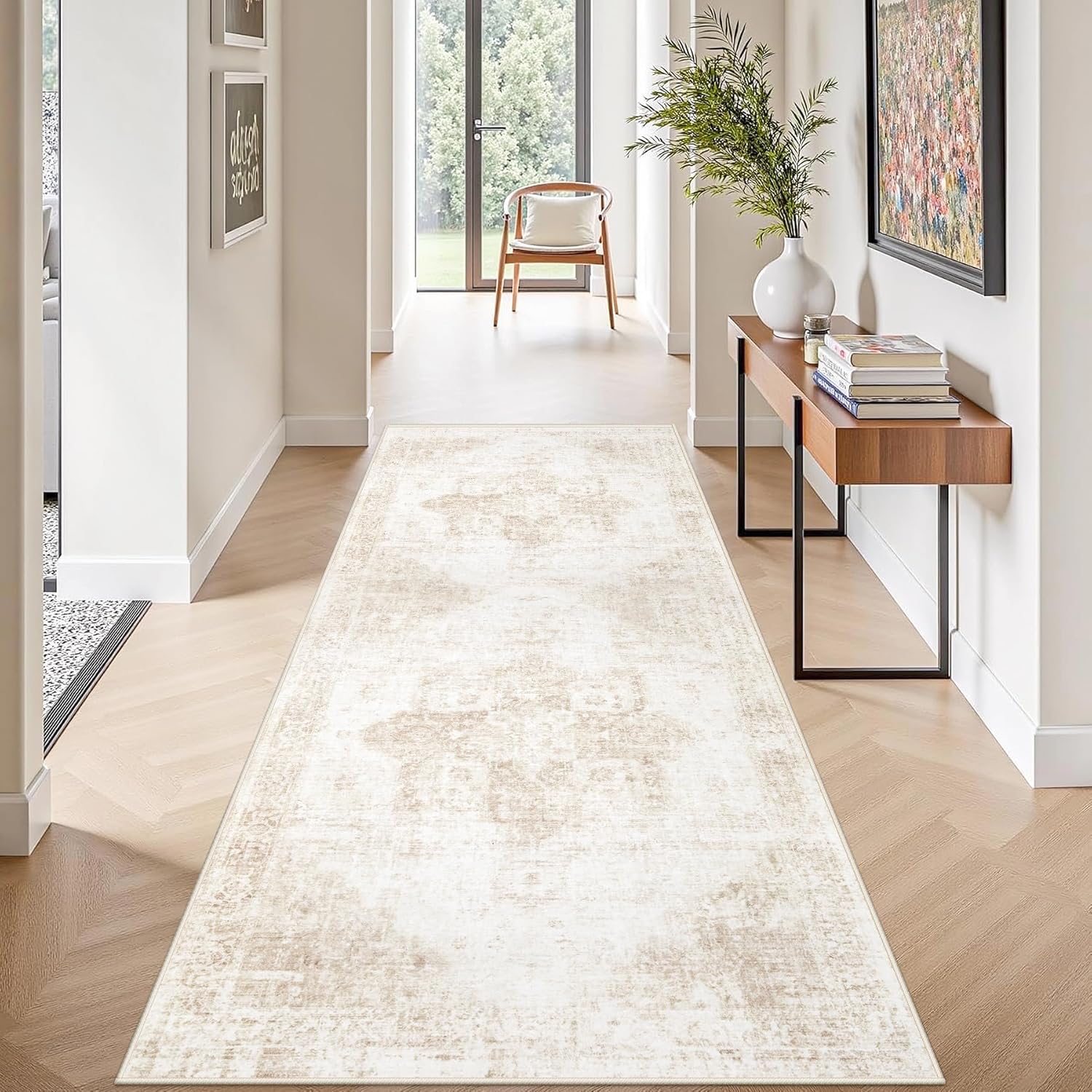 Area Rug 8x10 Washable Rug, Vintage Boho Medallion Rugs Non-Slip Soft Low Pile Large Distressed Rug Indoor Retro Carpet for Living Room Bedroom Dining Room Home Office (Beige, 8'x10')