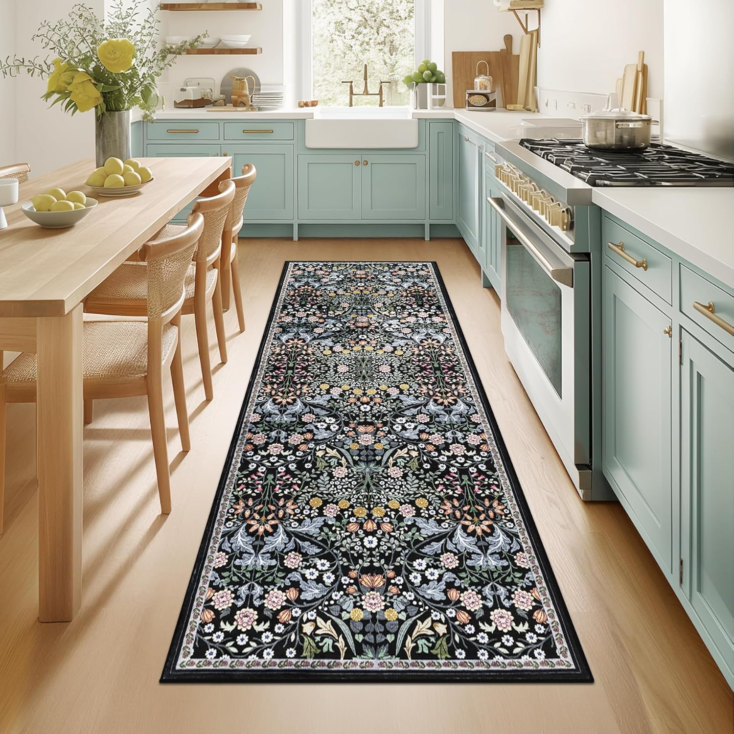 8x10 Area Rugs for Living Room: Floral Washable Rug Vintage Large Soft Boho Non-Slip Carpet Indoor Floor Stain Resistant Carpets for Bedroom Dining Room Farmhouse Nursery Home Office Dark Green