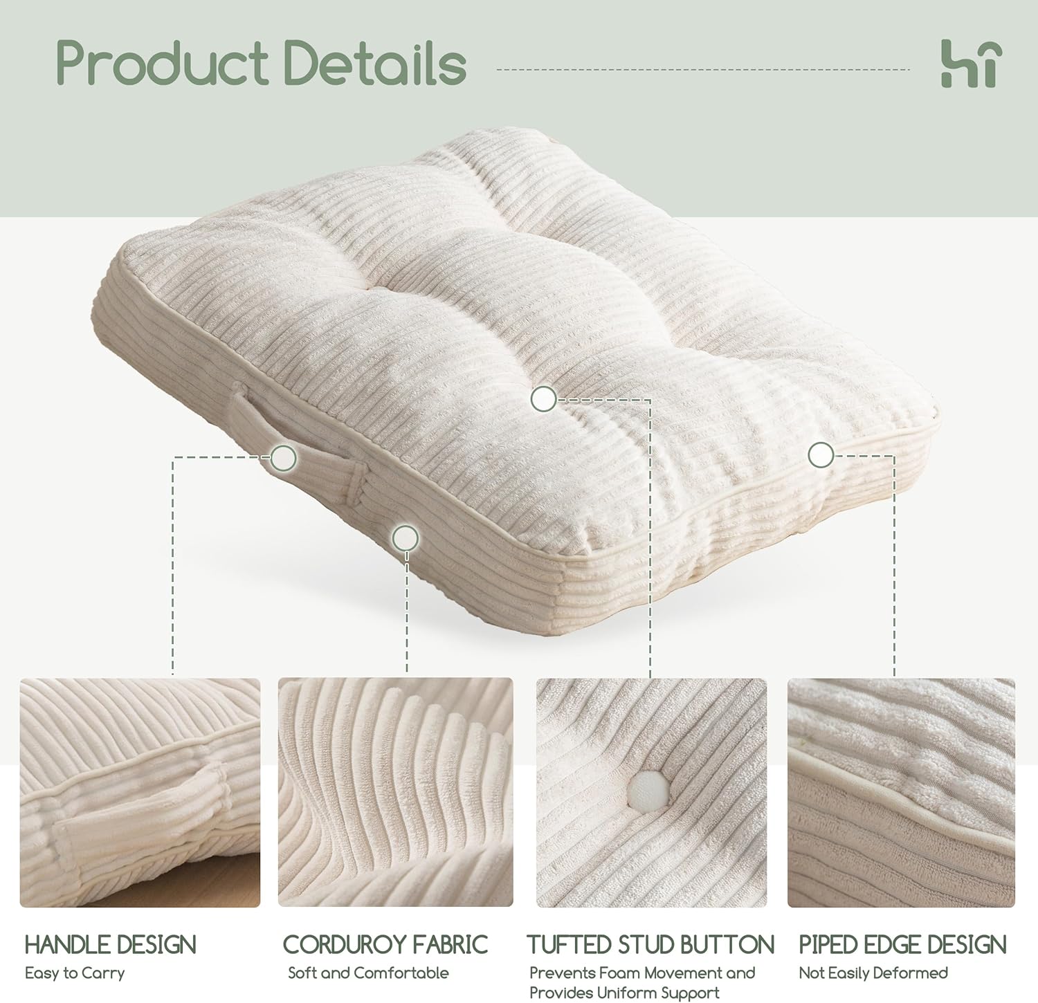 Washable Floor Pillow Cushion for Adults, Meditation Cushion Pillow, Large Square Floor Sitting, Removable Tufted Corduroy Cover, for Tatami Living Room or Yoga, 22x22 Inch, 2Pack, Machine Washable