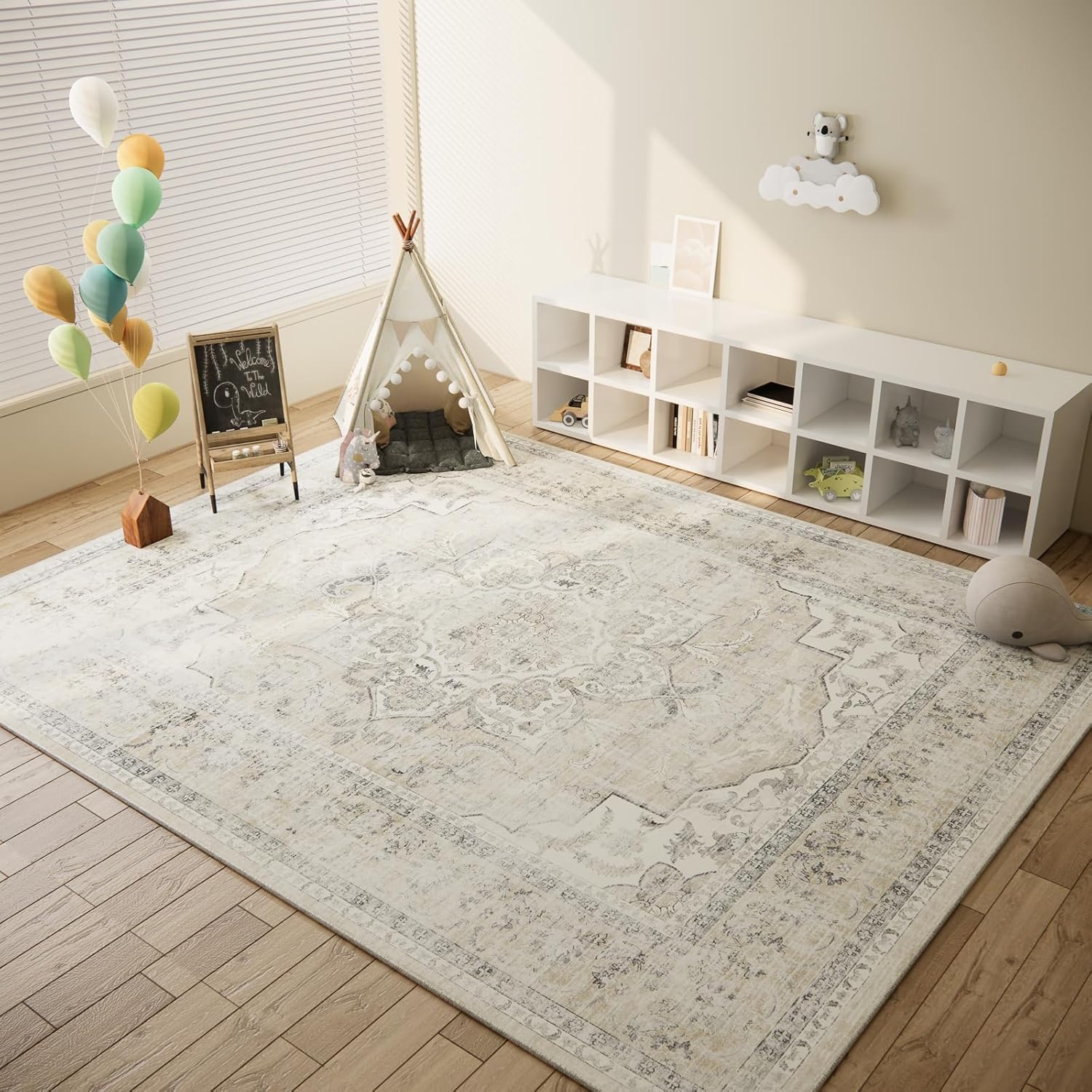 8x10 Area Rugs Washable Rug: Large Living Room Rug Stain Resistant Distressed Vintage Boho Carpet Non Slip Low Pile Faux Wool Soft Rugs for Bedroom Bedside Indoor Farmhouse Kids Playroom Dining Room