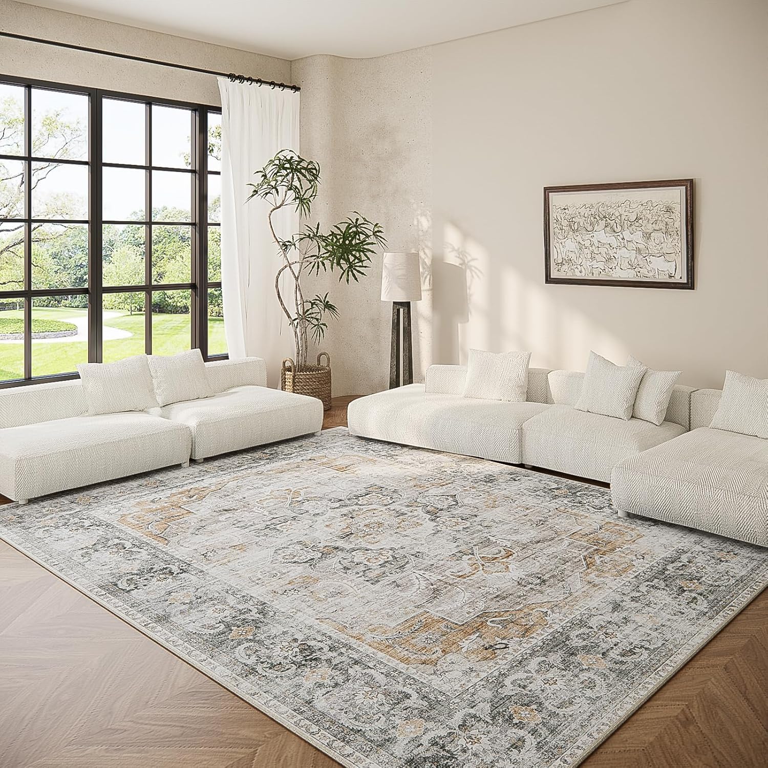 8x10 Area Rugs Washable Rug: Large Living Room Rug Stain Resistant Distressed Vintage Boho Carpet Non Slip Low Pile Faux Wool Soft Rugs for Bedroom Bedside Indoor Farmhouse Kids Playroom Dining Room